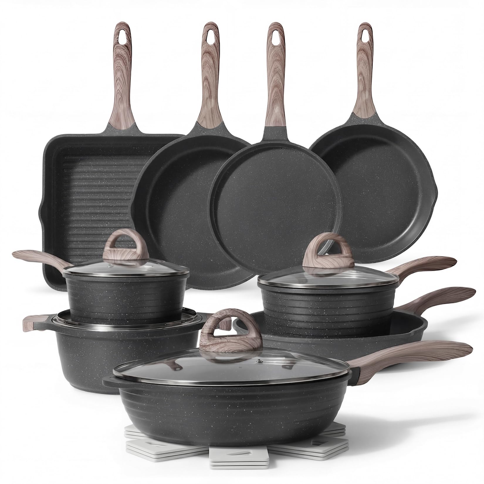 JEETEE Pots and Pans Set Non Stick 23pcs, Healthy Kitchen Cookware Sets