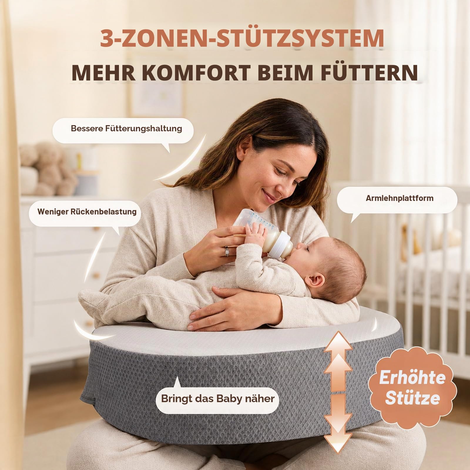 Memory Foam Stillkissen, extra breit & verdicktes Stillkissen mit 53 cm verstellbarem Taillenriemen, erhöhtes Babyfütterungs-Stützkissen mit abnehmbarem, waschbarem Bezug, wasserdichte Rückseite