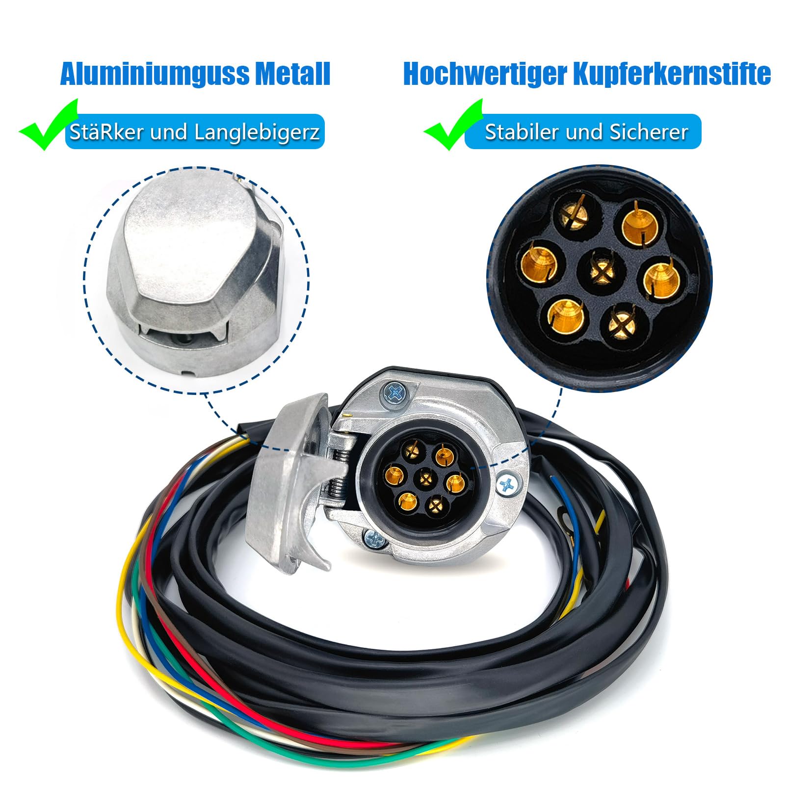 Presa per rimorchio a 7 pin precablato cavo da 2 m, cablaggio presa per gancio di traino impermeabile a 7 pin metallo - presa veicolo a 7 fili precablato