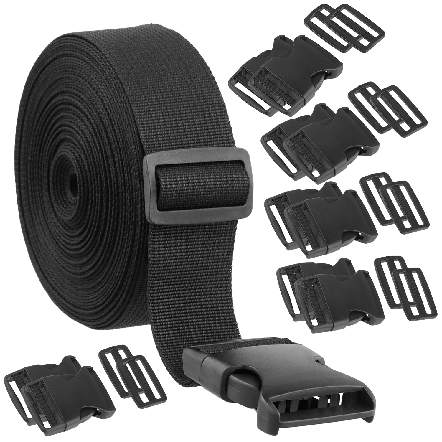 Qwork Black Qwork® 1.5 Inch Nylon Webbing Strap Kit - 11 Yards With 10 Plastic Buckles & Tri-Glide Slides For Diy Luggage, Bag, Backpack Repair (3.8Cmx10m Strap)