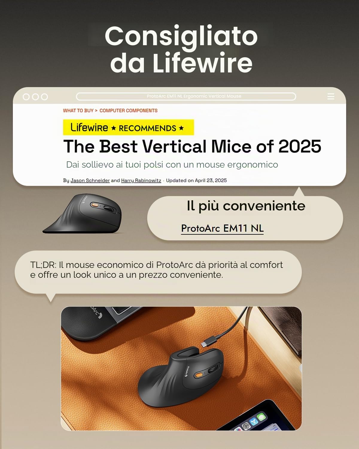 ProtoArc EM11 NL Mouse ergonomico Bluetooth ricaricabile verticale, 3 connettività multi-dispositivo per PC, mouse ottico 2,4 GHz per Windows, Mac OS, nero