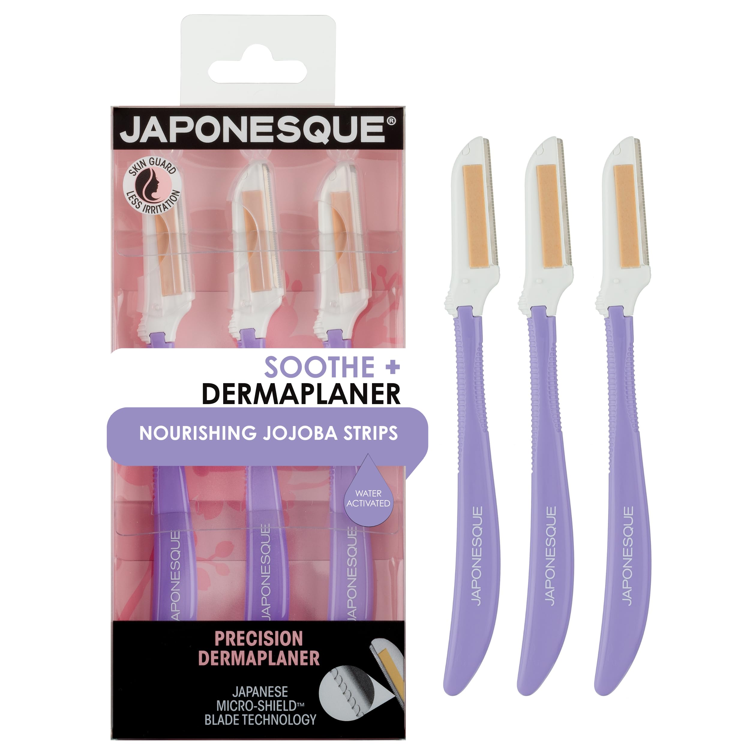 Japonesque Soothe+ Disposable Dermaplane Razor for Women Face; Facial Exfoliation, Hair Removal, Eyebrow Razor & Face Shaver for Women & Men. With Nourishing Jojoba. Stainless Steel Shave Tool Kit 3pc