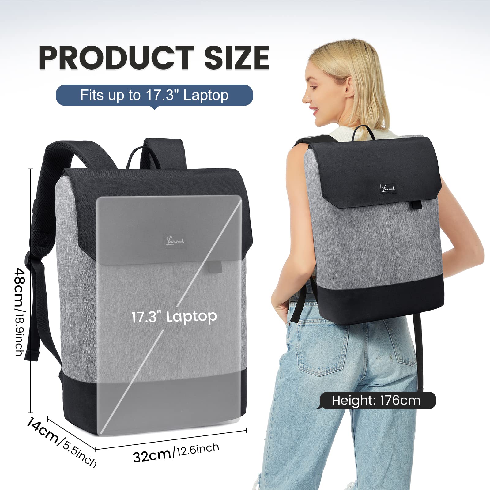 LOVEVOOK Zaino da donna elegante zaino impermeabile con scomparto per computer portatile da 17 pollici e custodia antifurto per gite, università, scuola e ufficio, grigio/nero