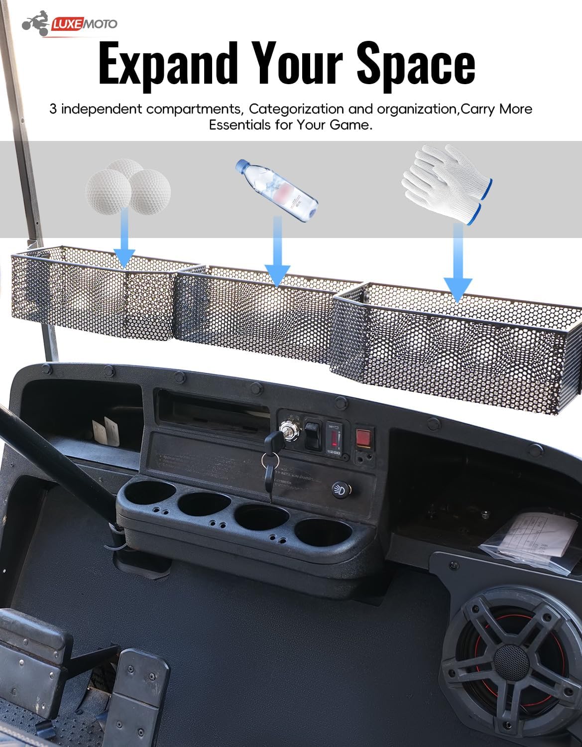 Golf Cart Front Inner Dash Storage Basket for E-Z-GO TXT, Combined Large Compartment Dash Tray Storage Organizer Rack for EZGO TXT Accessories, No Drilling, Black