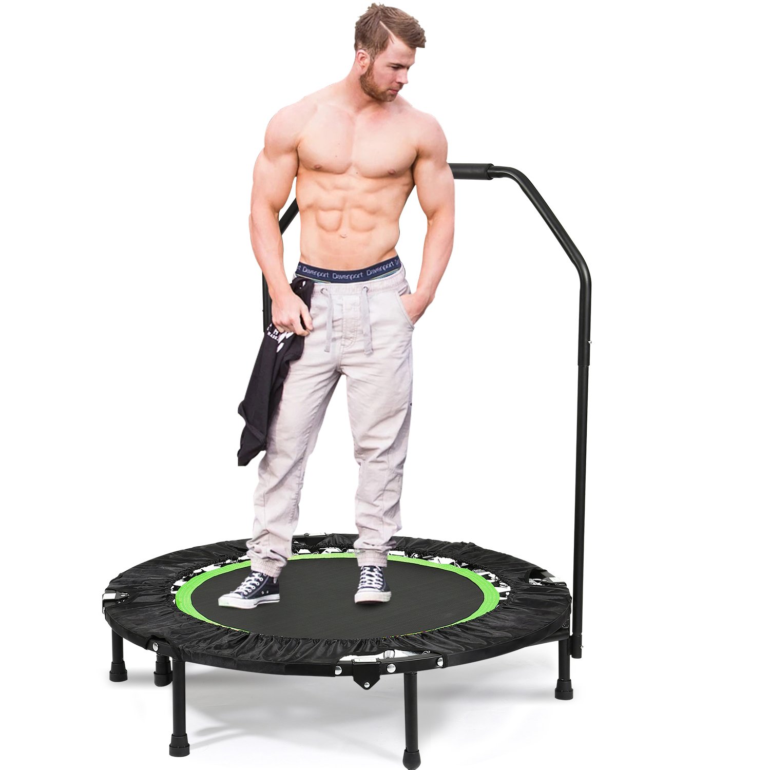 Foldable Mini Trampoline Rebounder, Max Load 300lbs Rebounder Trampoline Exercise Trampoline with Adjustable Handrail for Indoor/Garden/Workout Cardio