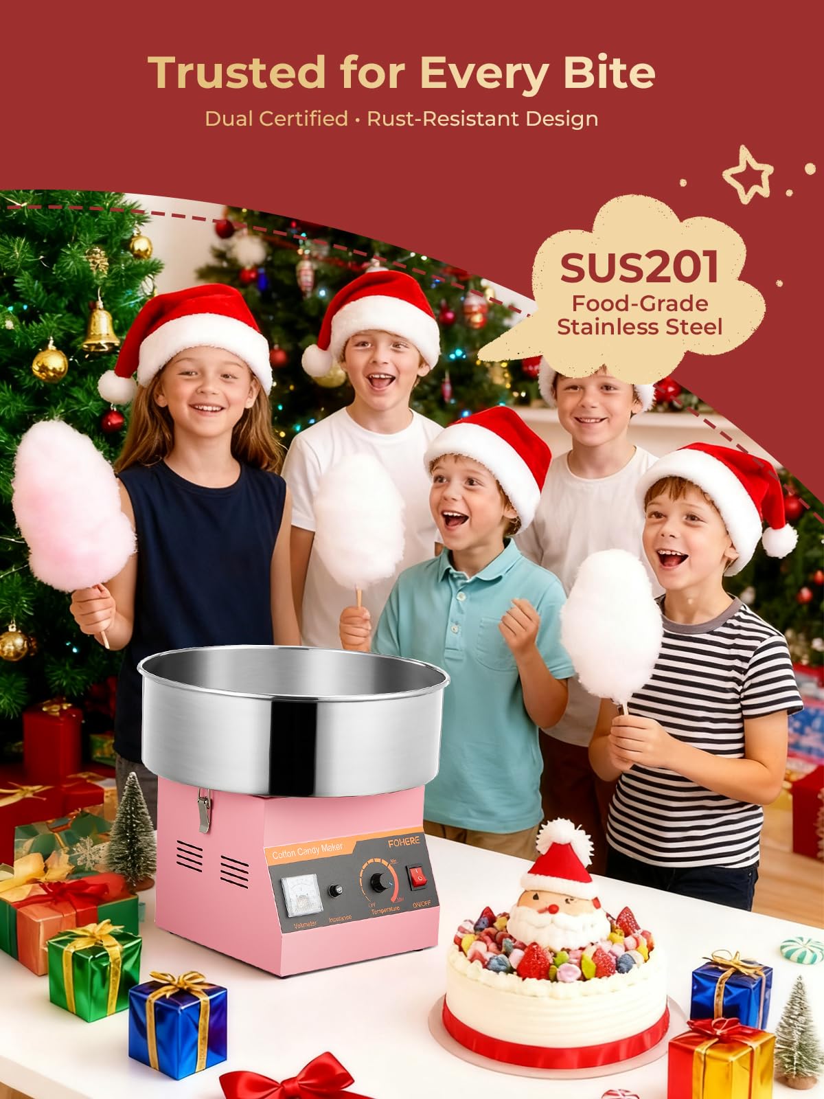 FOHERE Zuckerwattemaschine 1000W – Profi Zuckerwattegerät mit 38cm Edelstahlschüssel & Dosierlöffel – Schnelle Aufheizung, Einfache Reinigung – Ideal für Kindergeburtstag, Jahrmarkt & Partys