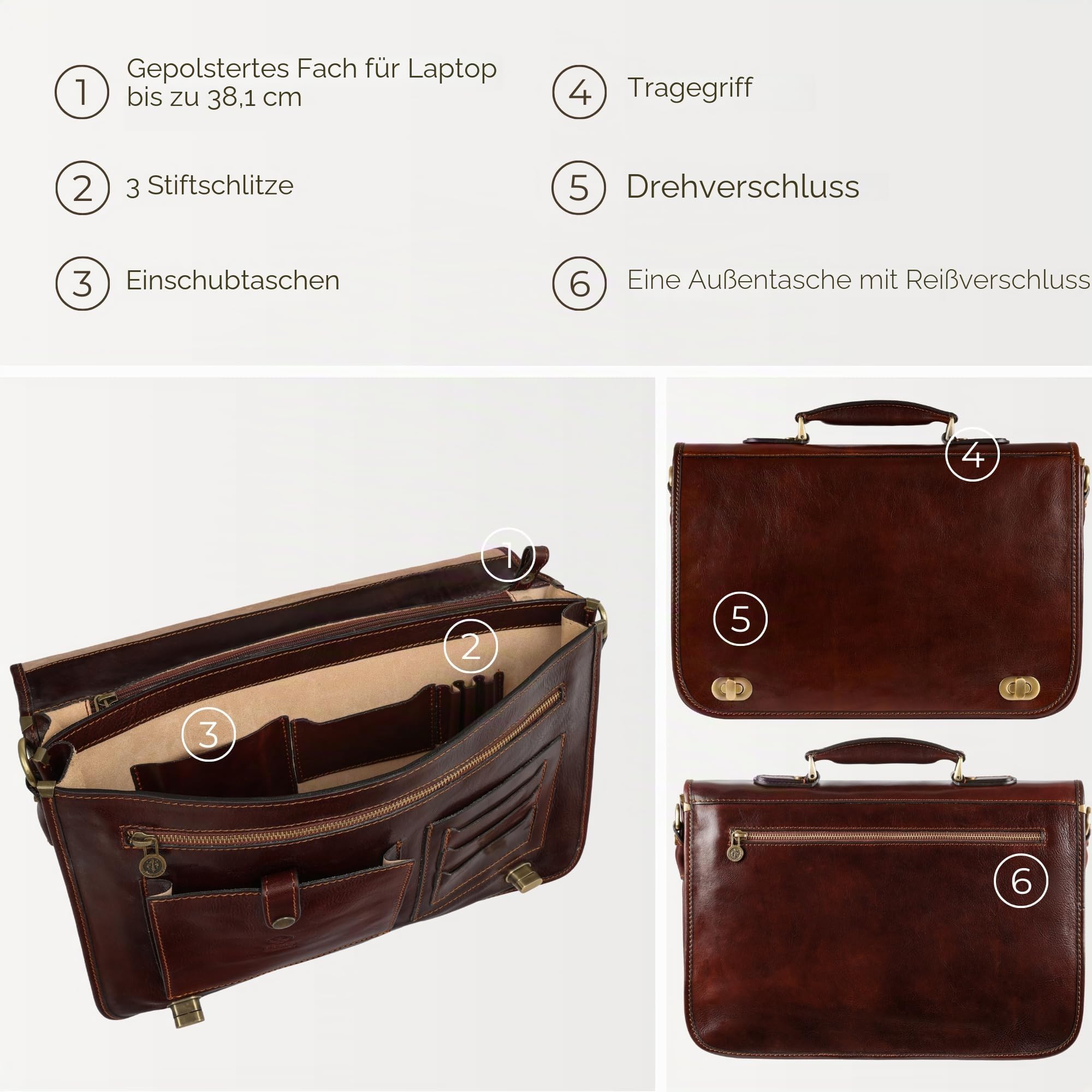 Herren Ledertasche Umhängetasche Leder Aktentasche15 Zoll Laptoptasche Arbeitstasche Bürotasche Lehrertasche Notebooktasche Businesstasche - Time Resistance