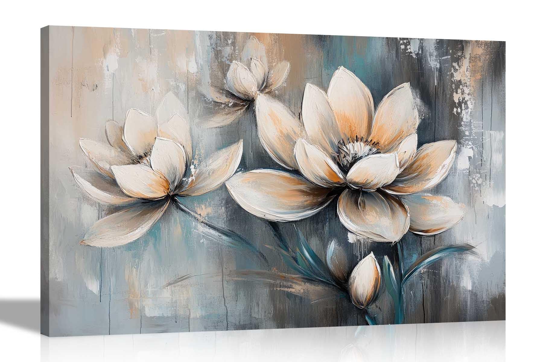 Artley Prints Rustic Graffiti Cream Flower - Abstract Cream Dahlia Flowers Wall Art Framed Canvas Pictures Botanical Prints For Office Home Hallway Ready To Hang 76 X 50Cm (30 X 20 Inches)