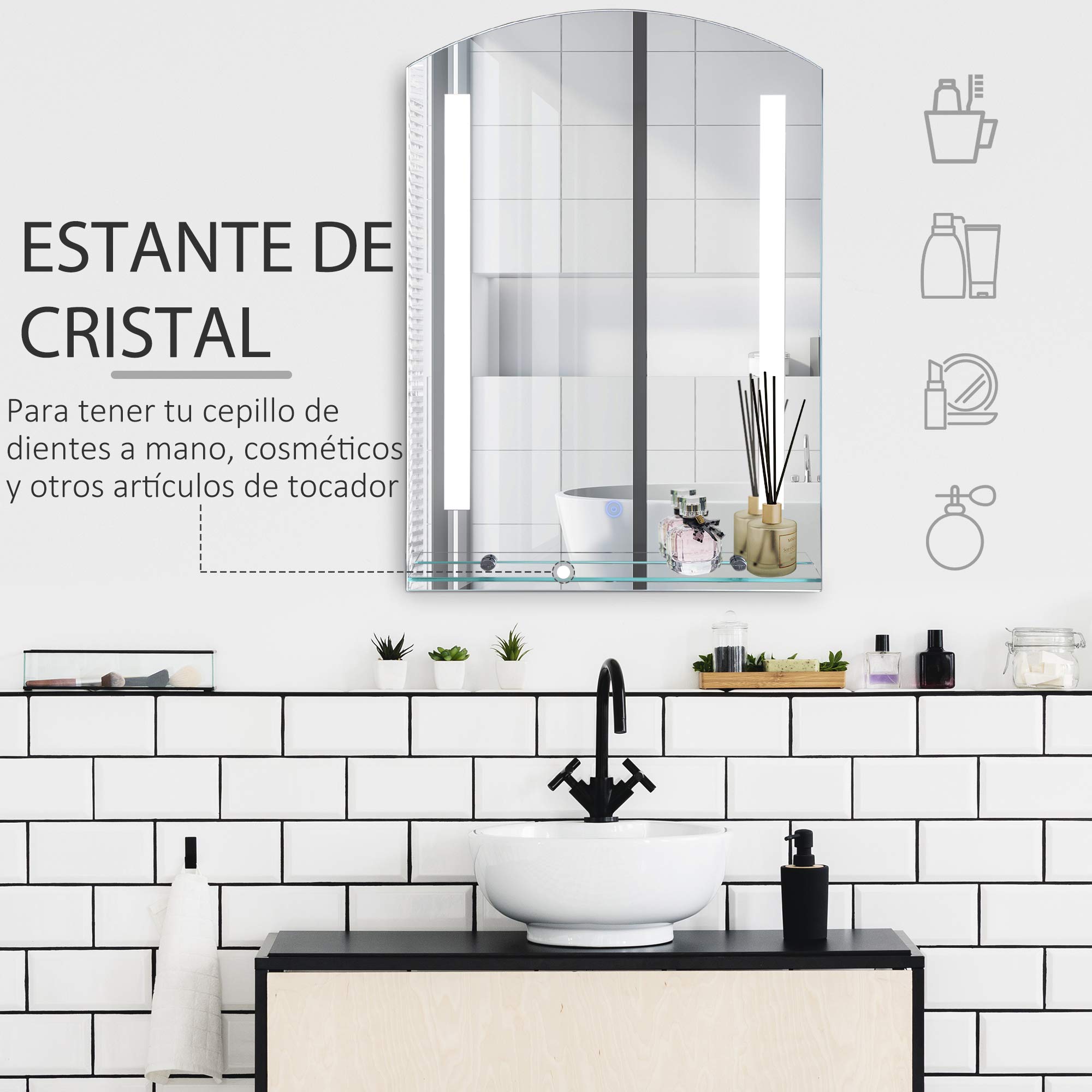 kleankin Espejo de Baño con Luces LED 70x50 cm Interruptor Táctil Plata | Espejo para Baño, Iluminación Regulable, Función de Memoria, Estante de Vidrio, para Salón Entrada