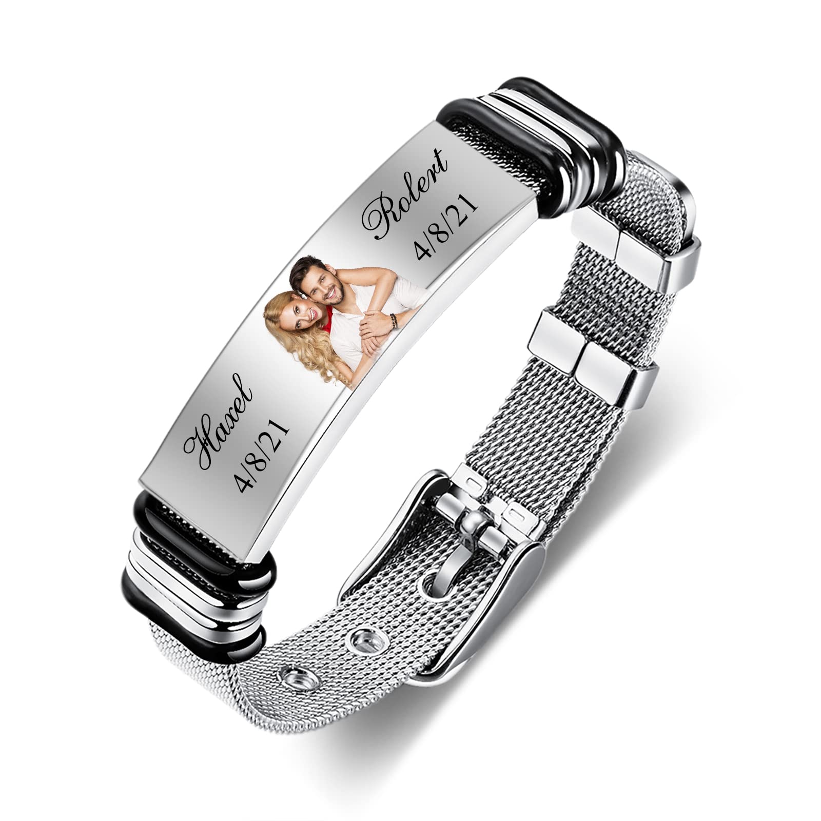 kaululu Personalizados Pulsera con Nombre Foto Grabado para Hombre Mujer in Acero Inoxidable Bff Joyería Hombre Personalizada Regalo de San Valentín Cumpleaños Negro