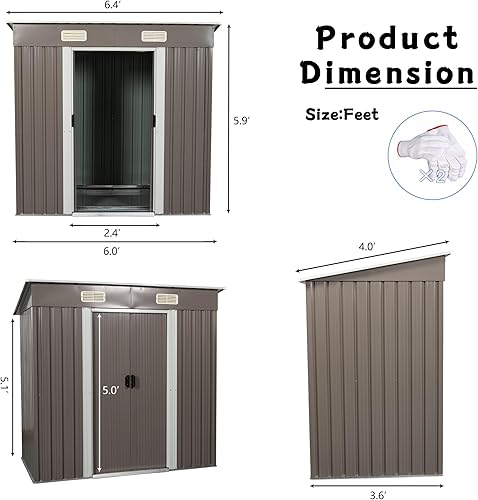 Miniatura 7 de Cobertizo de almacenamiento de metal para exteriores de 6 x 4 pies, casa de herramientas de almacenamiento con techo acolchado y ventilación de