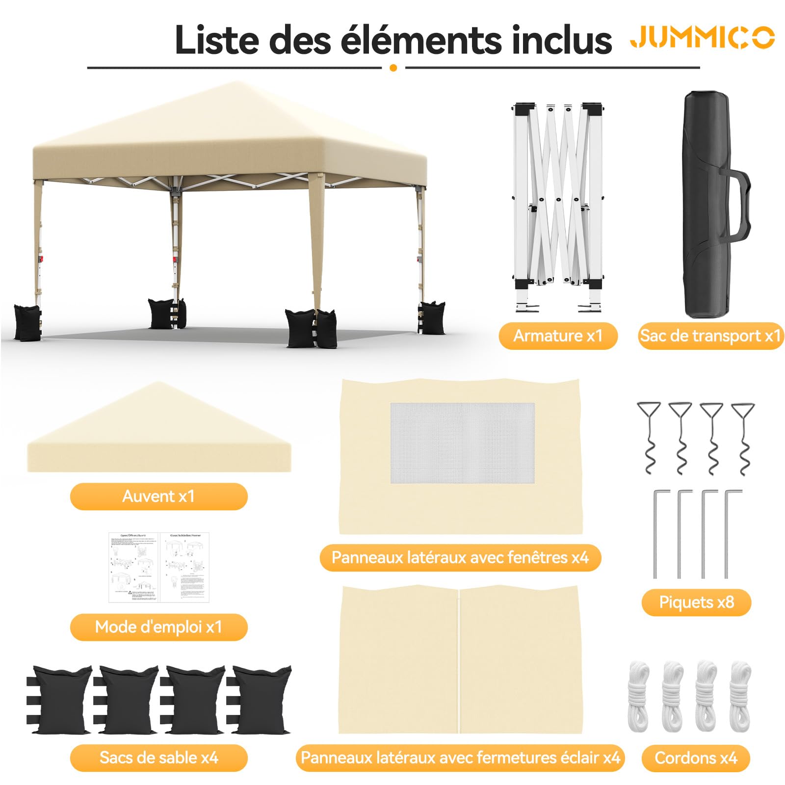 JUMMICO Tonnelle Pliante 3x3m avec Moustiquaire Aérée Anti-Insectes｜Robuste et Durable｜Imperméable et Anti-UV｜Installation et Rangement Rapides｜Idéale pour Cour, Balcon, Camping et Plus Encore｜Beige