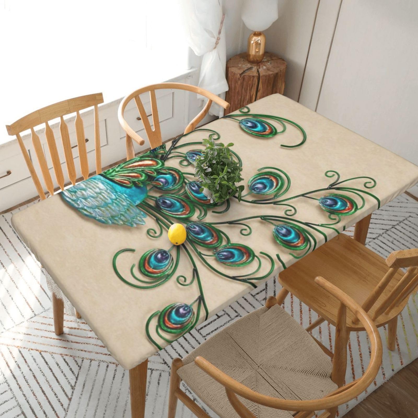 DCEHGEW Elastic Fitted Rectangle Tablecloth for 5ft Tables, Peacock pattern Printed Oilproof & Washable Fabric Picnic Table Cloth Table Covers