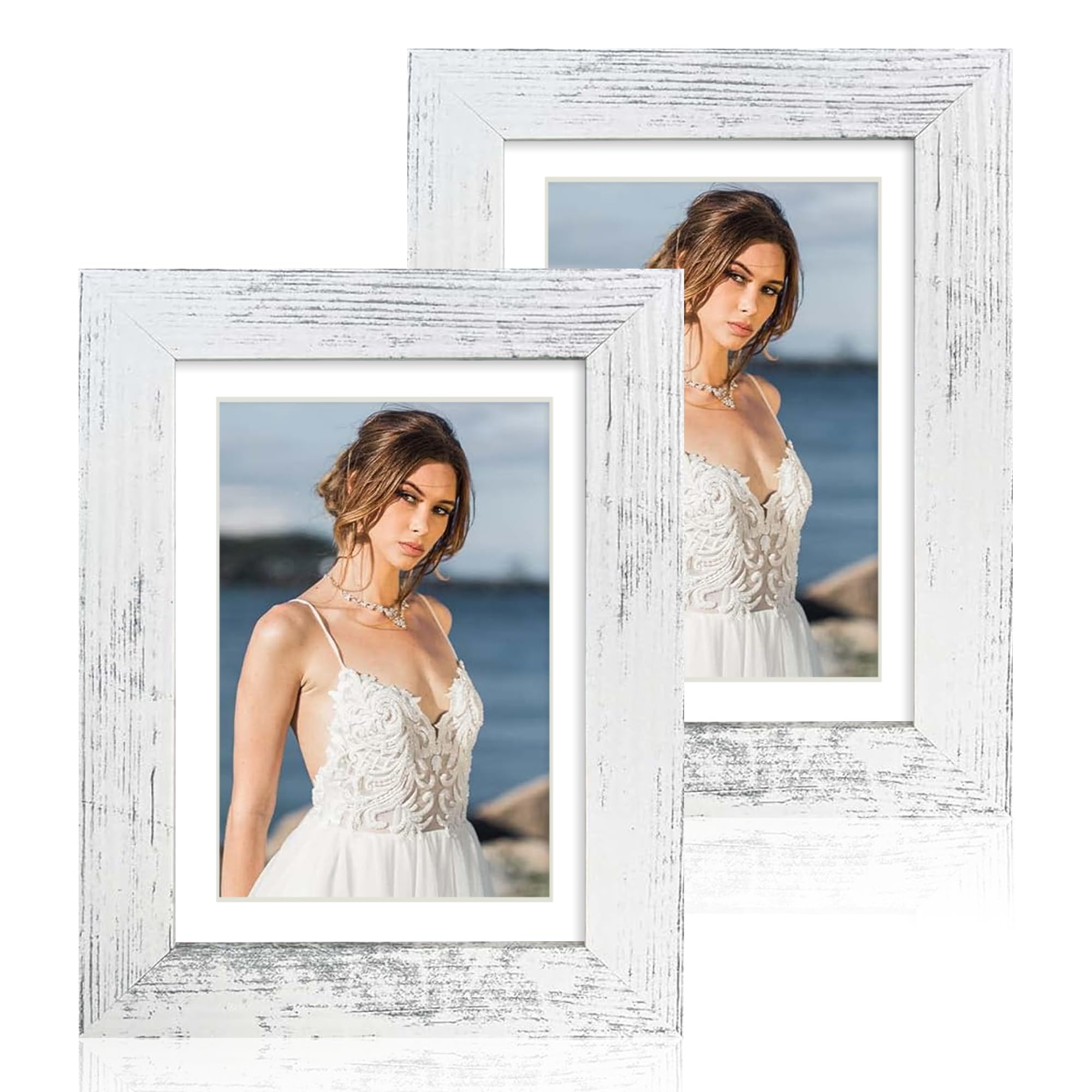 iRahmen 5x7 Picture Frame Set of 2, Distressed White Wood with Glass Photo Frame - Display Pictures 4x6 with Mat or 5 x 7 without Mat for Horizontal or Vertical Table top and Wall Mounting