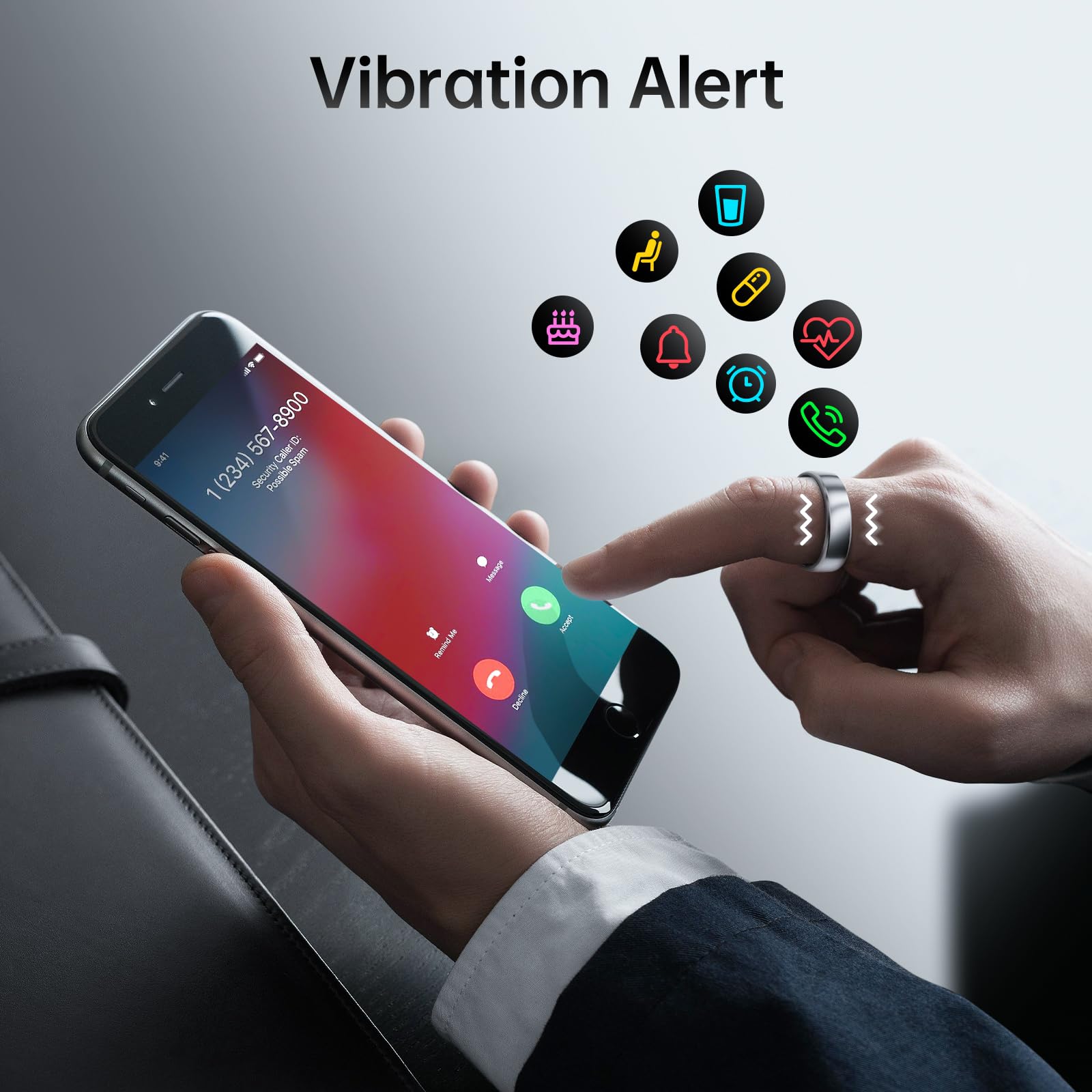 El primer anillo inteligente del mundo con alertas de llamadas/reloj/eventos, sin suscripción a la aplicación, temperatura corporal/frecuencia cardíaca/rastreador de salud de la mujer, anillo