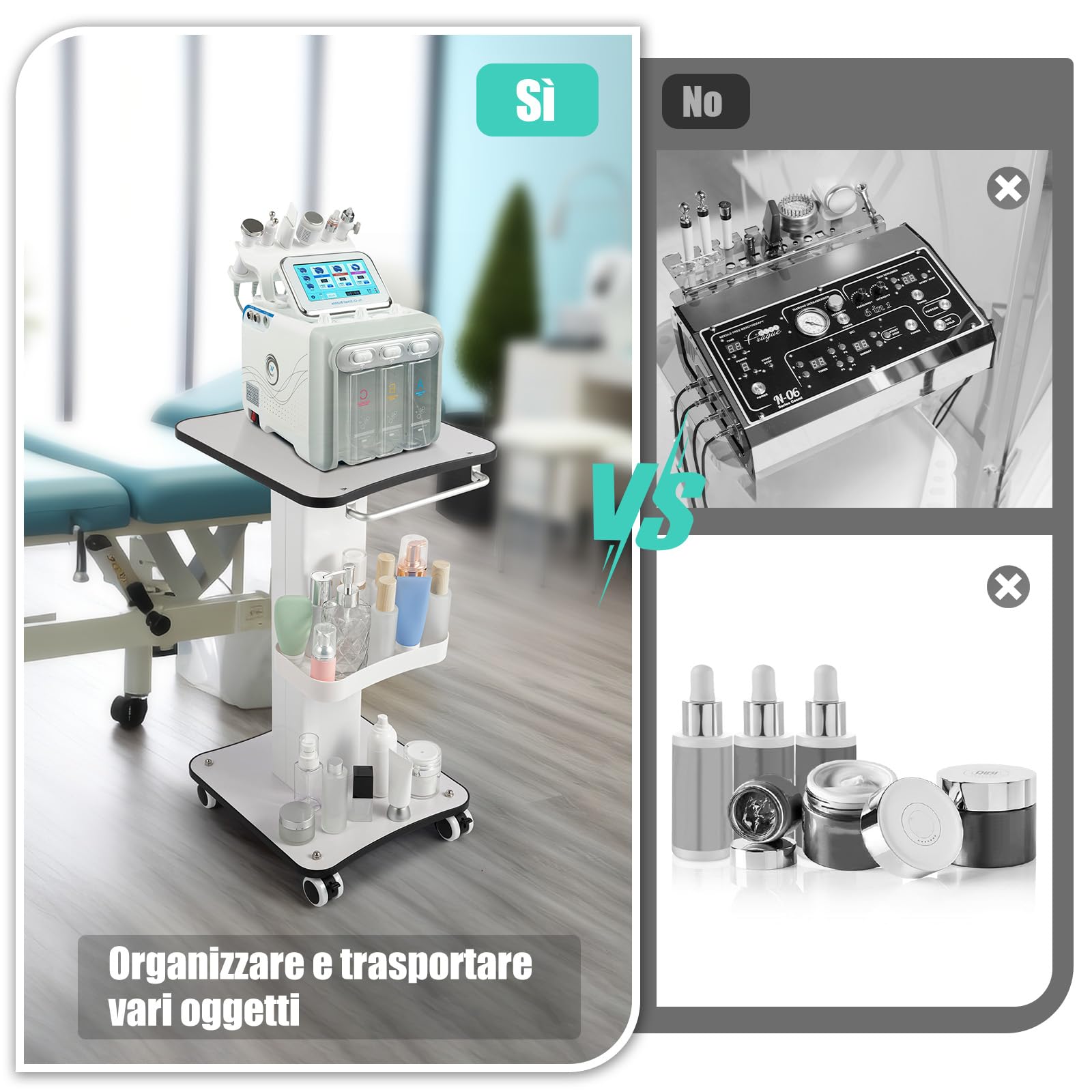 Carrello portatile portatile carrello speciale per parrucchiere, carrello cosmetico multifunzione con grande capacità, carrello bianco con manico e ruote