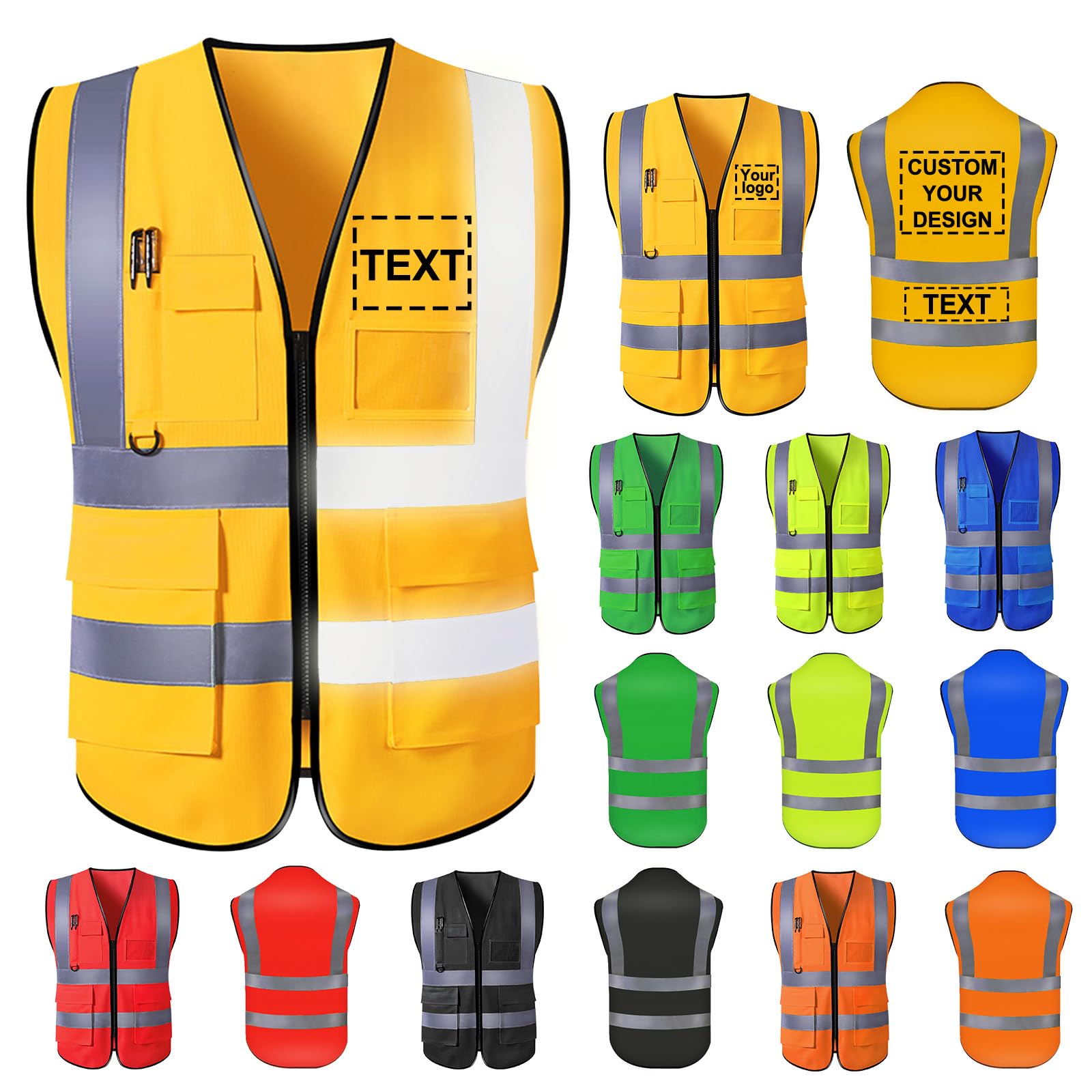 Custom Safety Vest for Men with Logo High Visibility Security Workwear 5 Pockets Zipper Vests with Reflective Strip (Yellow, XXXL)