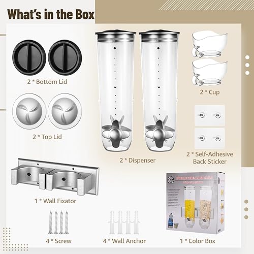 Miniatura 4 de Dispensador de cereales montado en la pared de doble cabeza, dispensador de alimentos secos de gran capacidad de 3L, Dispensador de dulces de