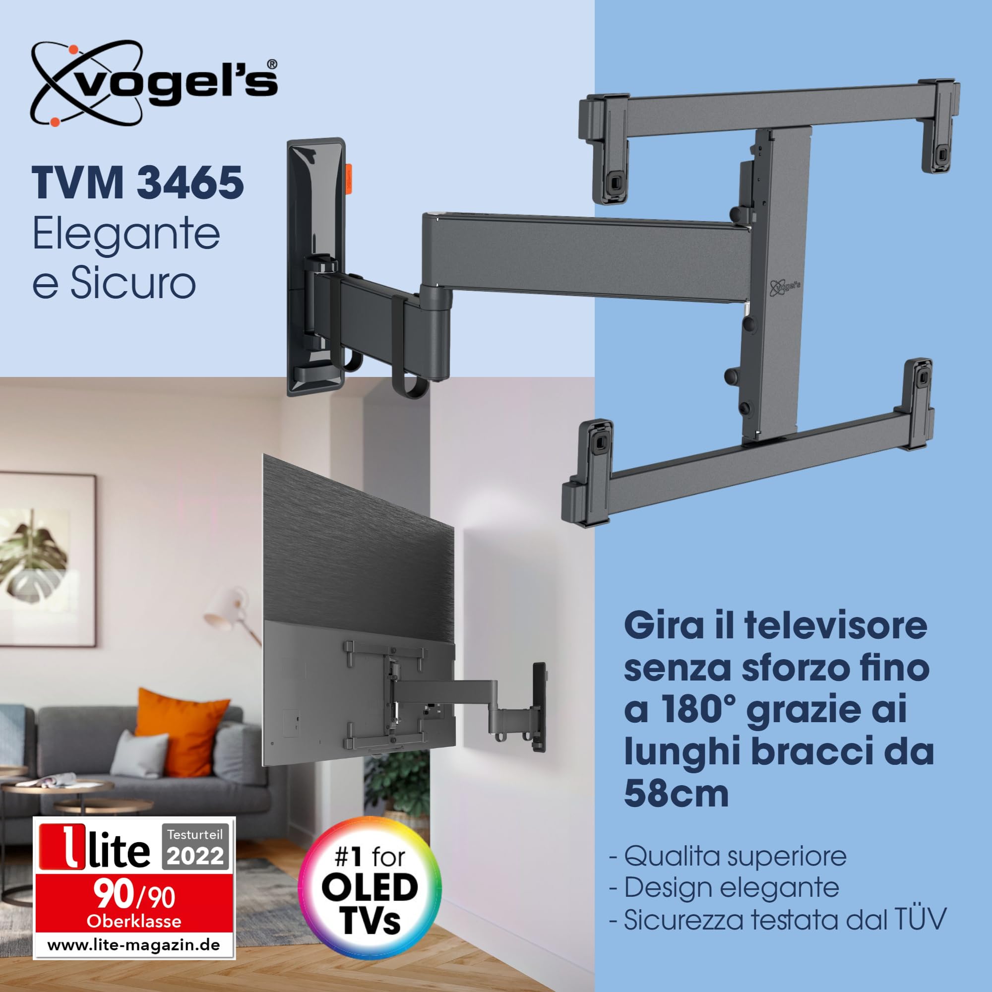 Vogel’s TVM 3465 Supporto TV OLED girevole per televisori da 32-65 pollici, Max. 25 kg, Orientabile fino a 180°, Staffa da parete per OLED full-motion max. VESA 400x400