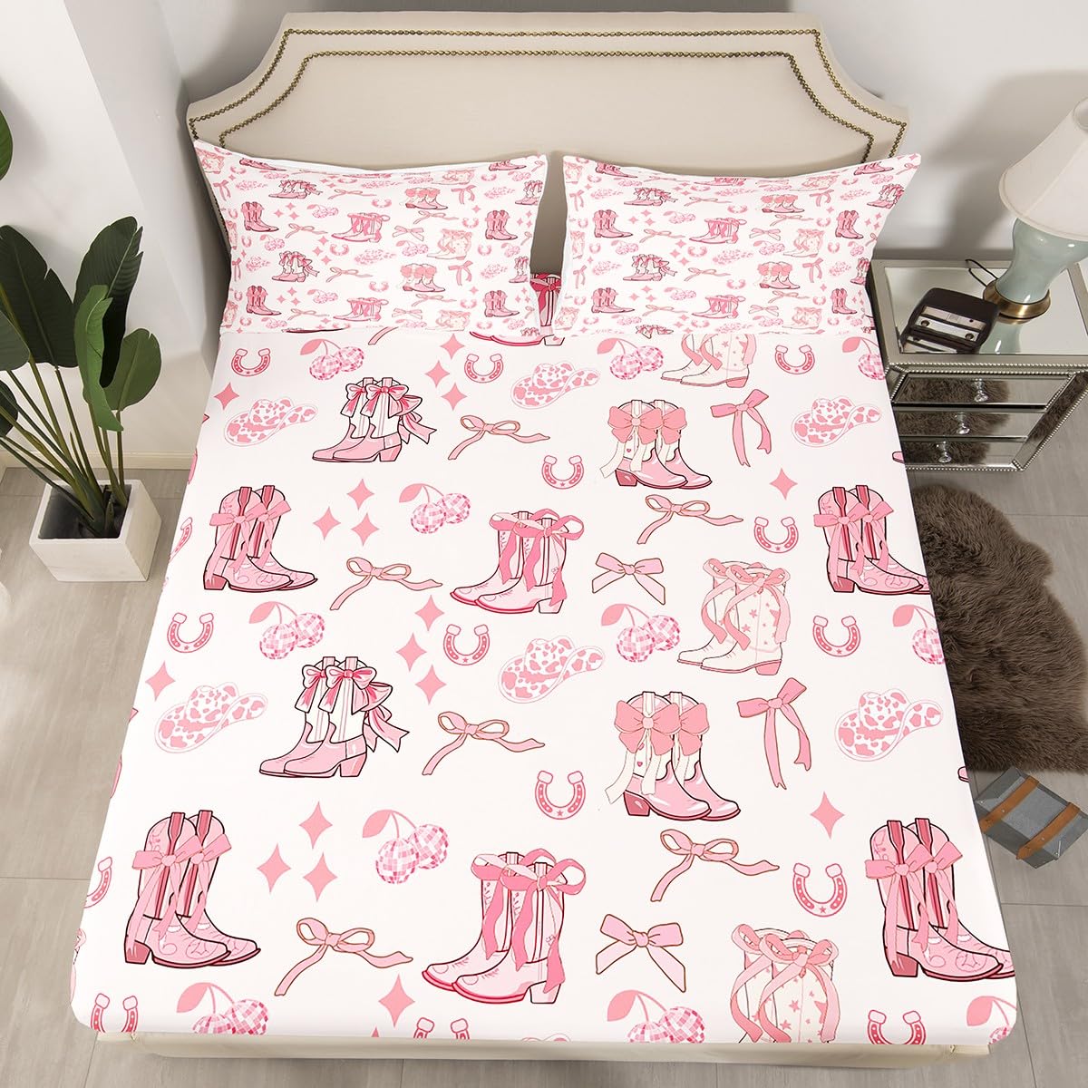 Western Cowgirl Bedding Set Twin Size Tribal Boots Caps Horseshoe Bed Set for Teens Kids Sheet Pink Bowknot Disco Cherry Princess Style Starry Pink Bed Cover(1 Fitted Sheet+1 Pillow Case)