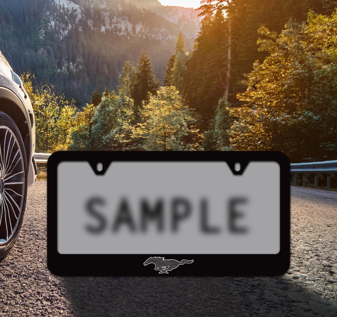 Ford Mach-E Black Coated Metal License Plate Frame with Exposed Chrome Mustang Mach-E Logo