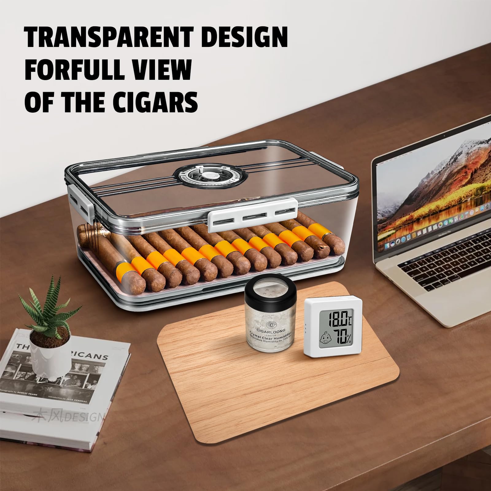 CLZOONG Cigar Humidor Jar/Case/Box Clear with Hygrometer,Humidifier&Cedar Wood Slice - Image 3