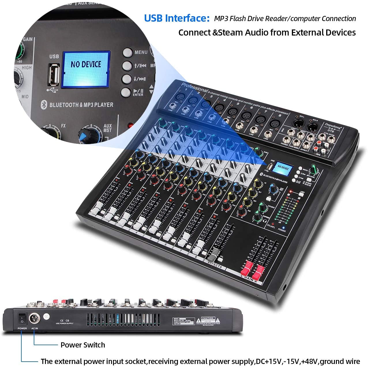 Depusheng DT8 Mixer professionale Scheda audio Console 8 canali Interfaccia sistema scrivania USB digitale Computer Ingresso MP3 Alimentazione Phantom 48V, nero