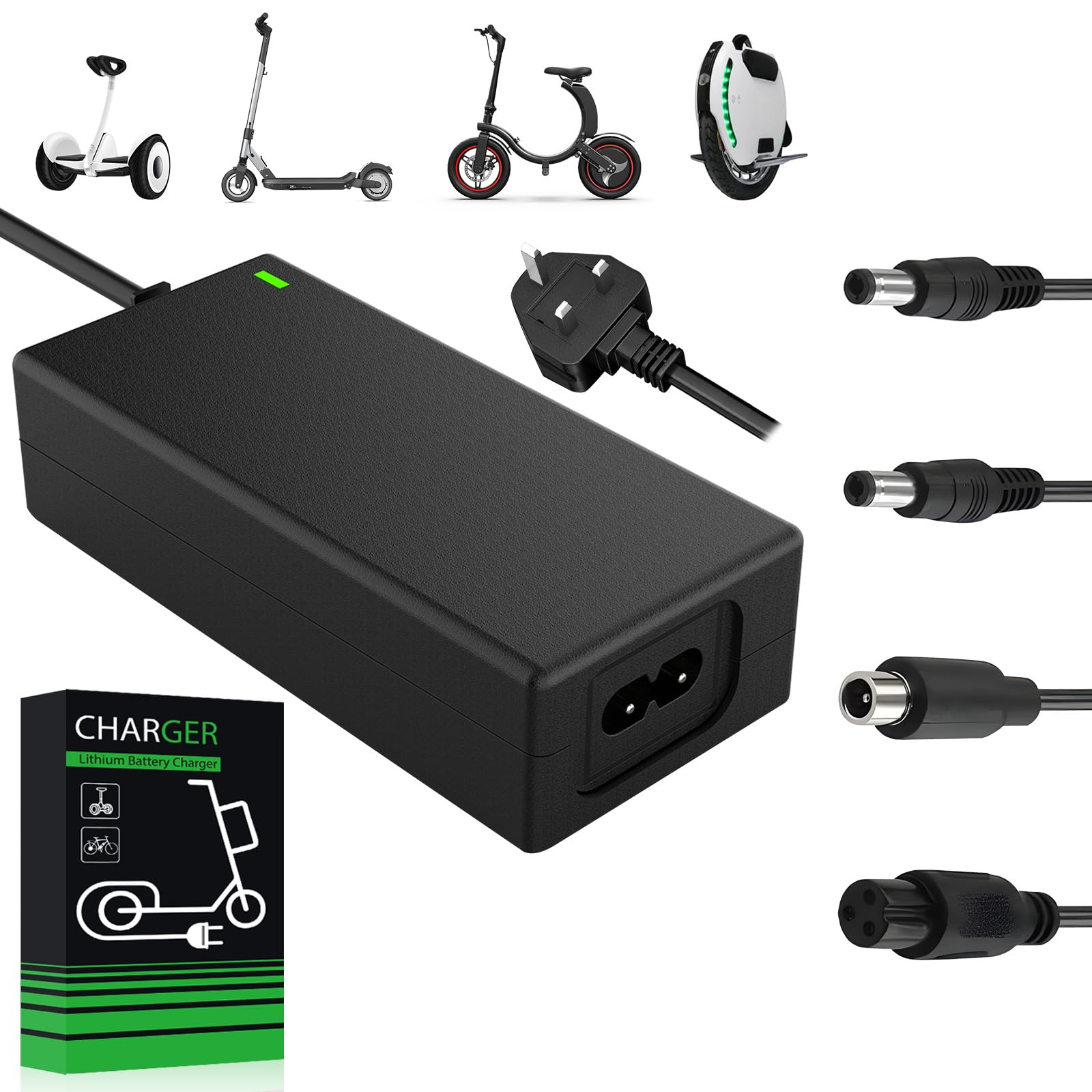 42V/2A Electric Scooter Charger, with 4 Connectors, Compatible with 36V Hoverboard Battery, for Xiaomi M365/Pro 2, Drift Boards, Electric Scooters & Mobility Scooters, Unicycles