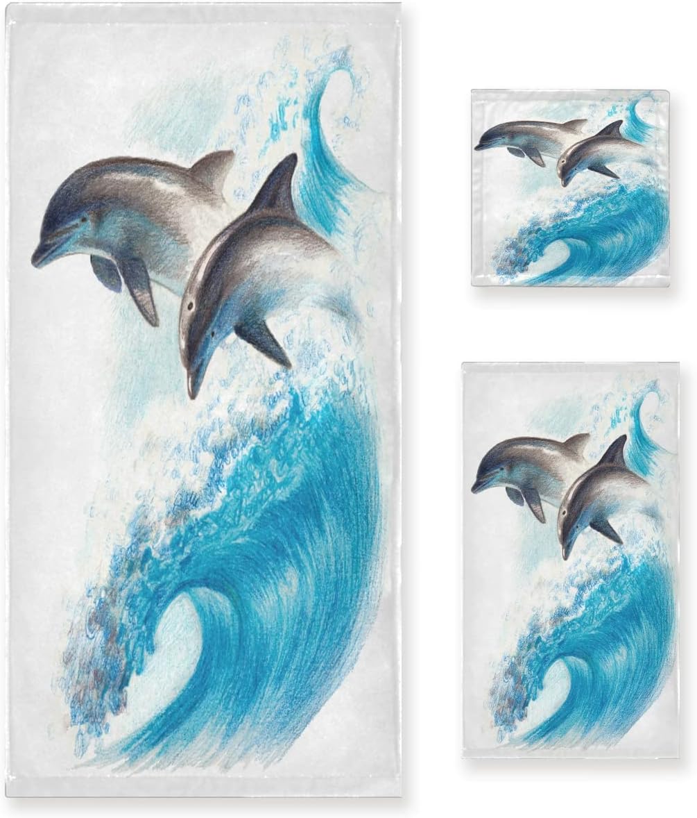 AUUXVA 3-Piece Towel Set, Texture Marble Geometric Pattern Bath Towel Sets Absorbent Soft Towels for Bathroom Quick Dry Cotton Bath Sheets (Contains 1 Bath Towel, 1 Hand Towel, 1 Washcloth)