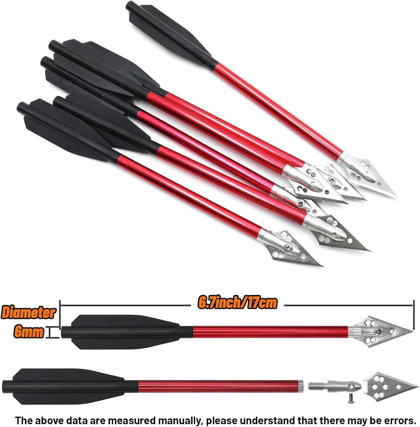 6.7" Aluminum Crossbow Bolts 5 Bright Colors, Replaceable Tips for 50-60 lb Crossbows - Target Practice & Small Game Hunting, Adult Use