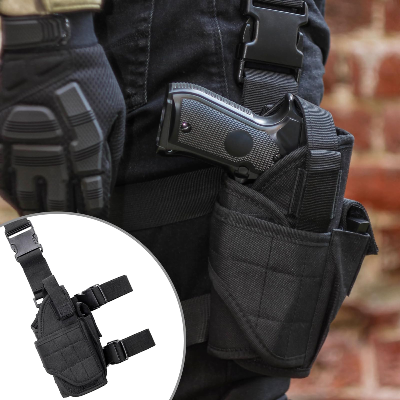 Funda Táctica para Pistola de Muslo - Bolsa de Pierna Militar para Hombre y Mujer - Ideal para Motocicleta, Senderismo, Exterior, Caza y Camping - Color Negro