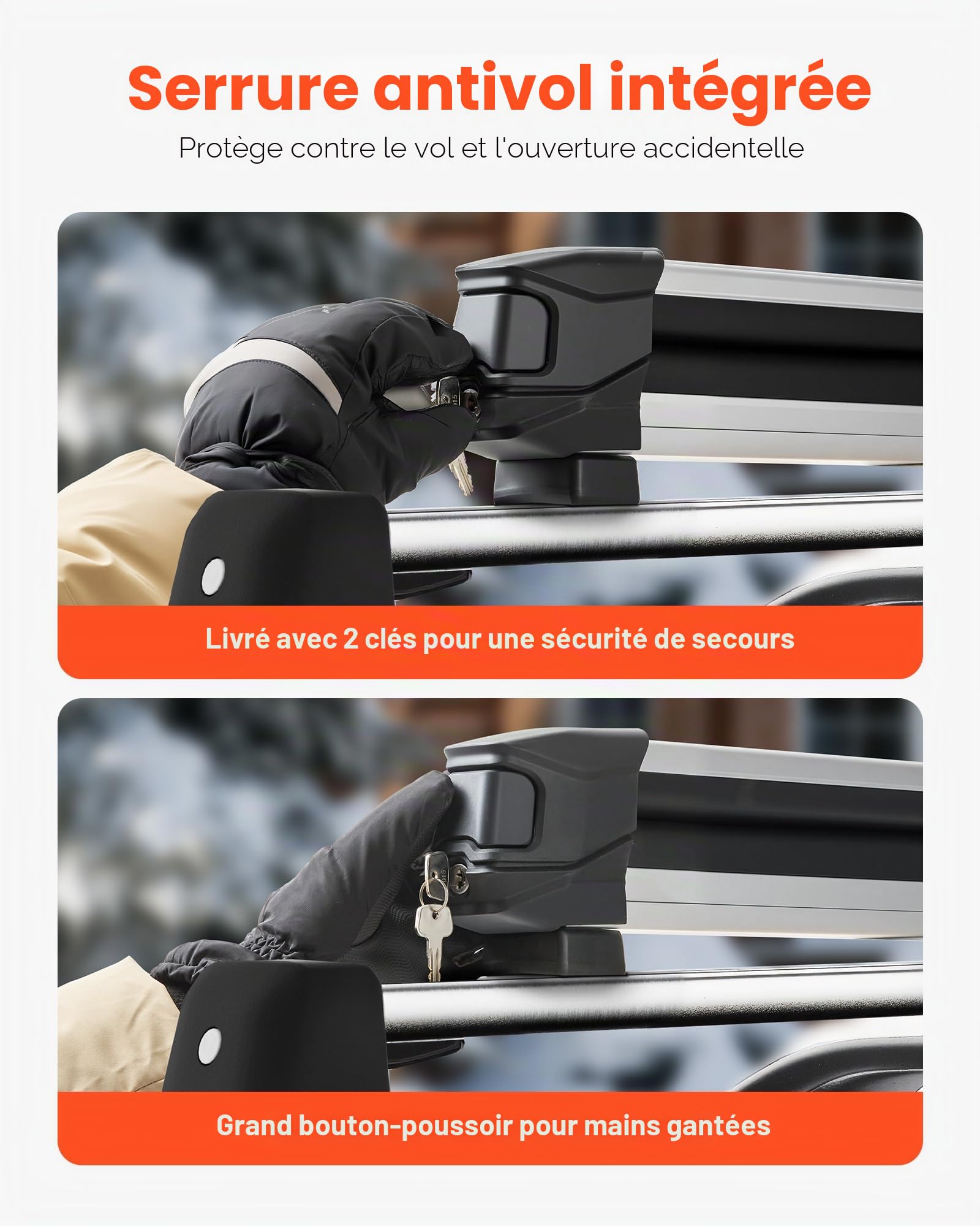 VEVOR Porte-Skis sur Barre de Toit, 2 pcs, Support pour Planche à Neige Universel en Alu avec verrou, pour 6 Paires de Skis ou 4 Planches, Compatible avec la Plupart des Barres transversales à Fentes