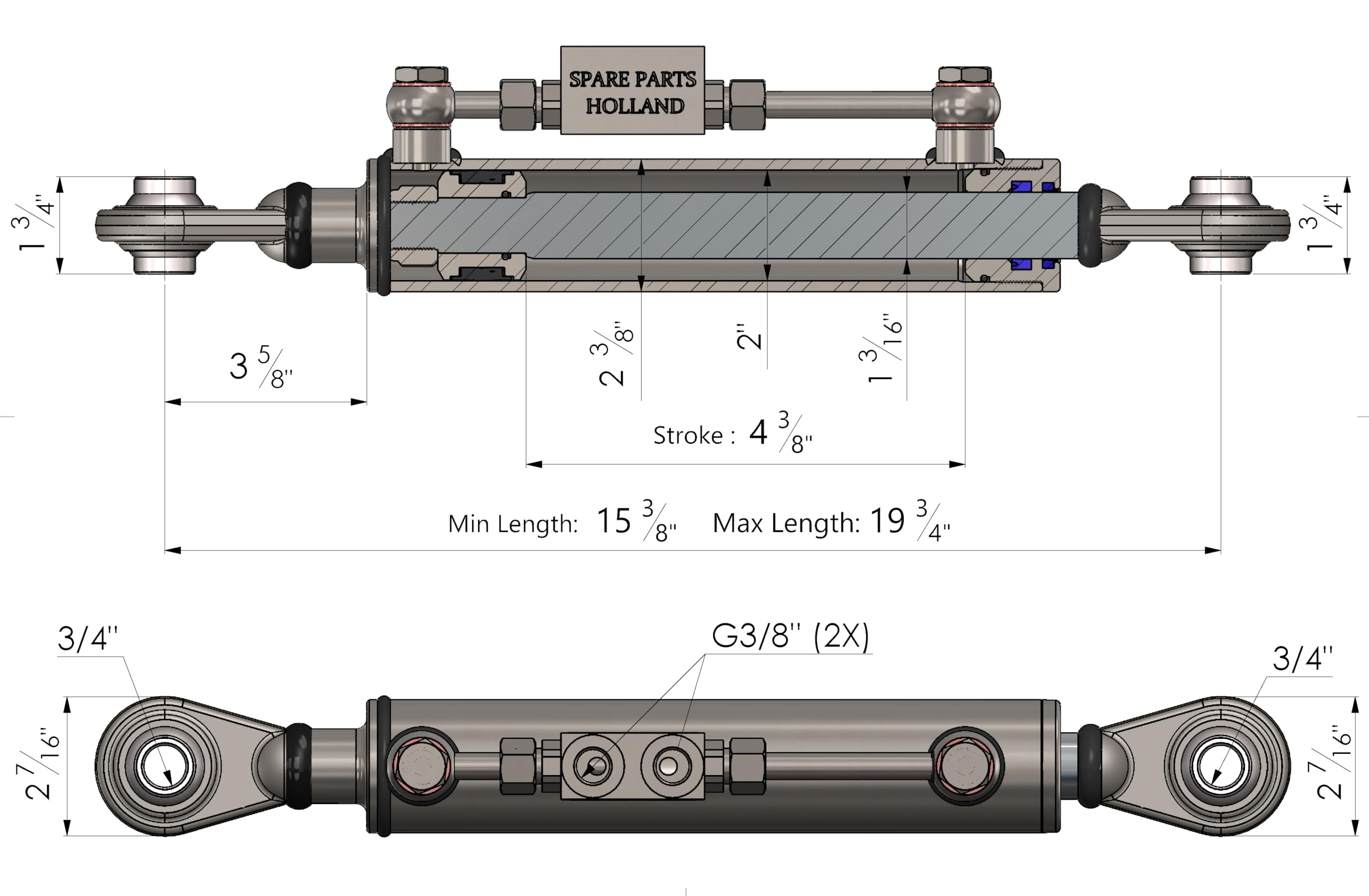 Hydraulischer Oberlenker Kat 1-1 - Verlängert - (390 - 500 mm) mit Verriegelungsblock und 2 Schläuchen - SPH320171