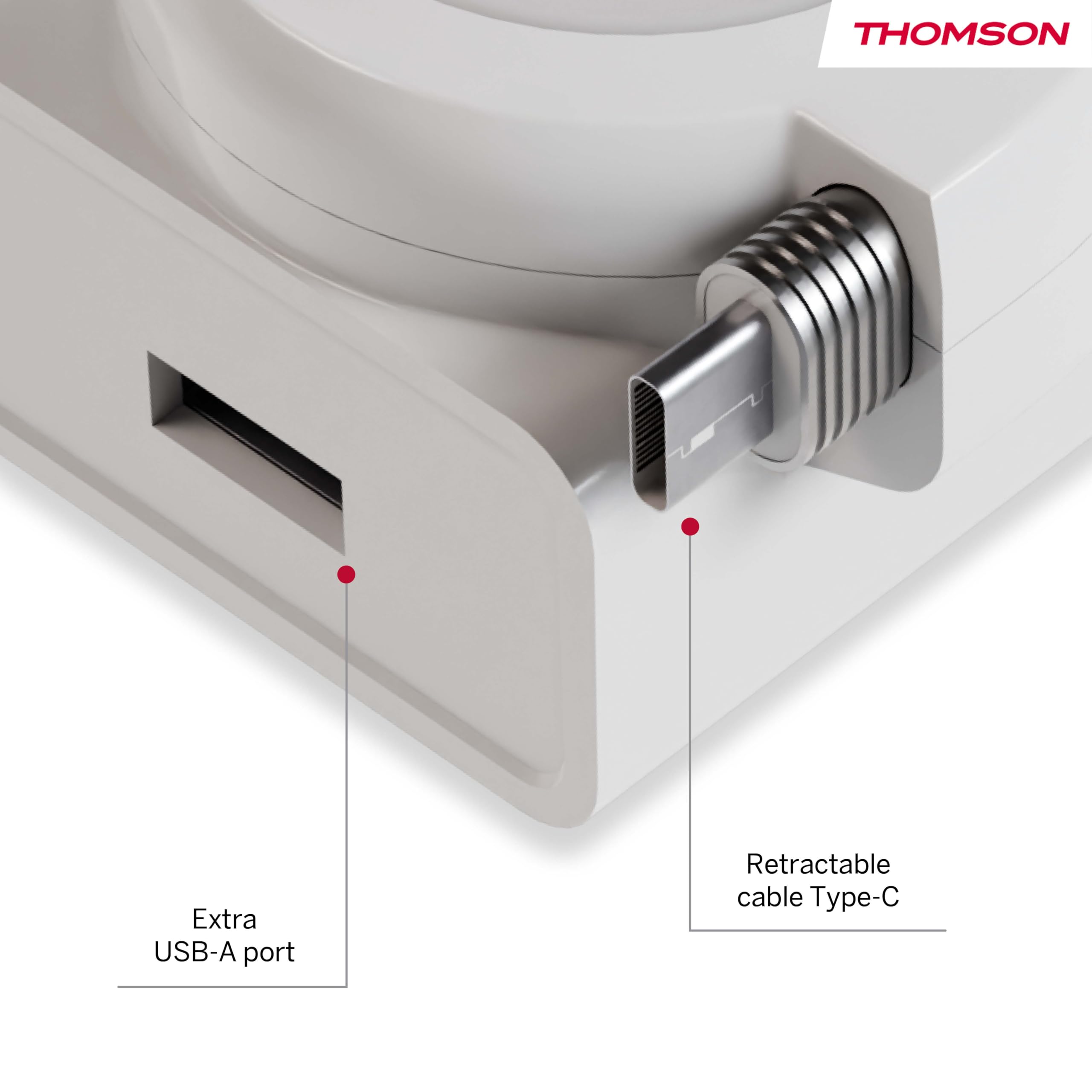 THOMSON Go Charger Fast Charger 22.5W with USB-C & USB-A, Retractable