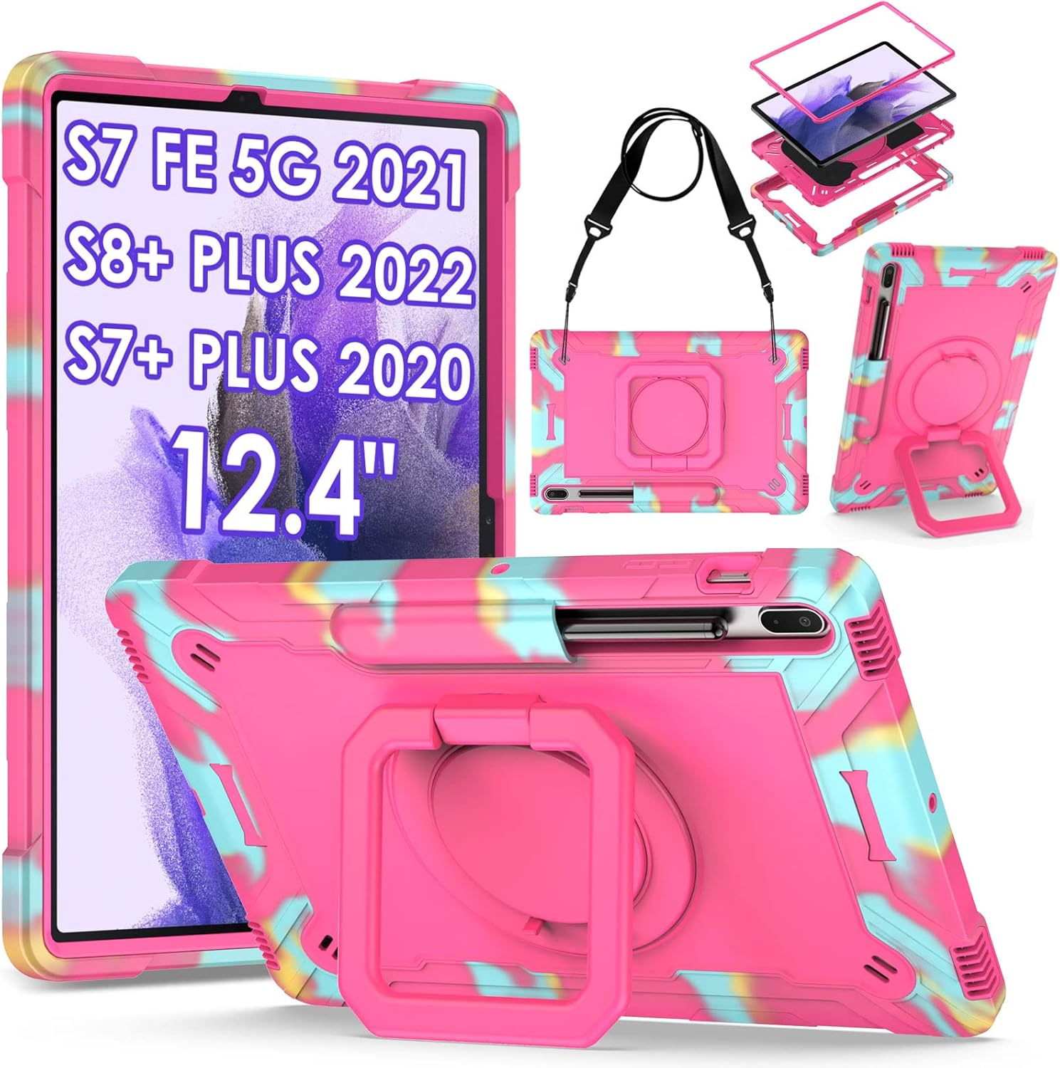 DETUOSI 360 Rotating Hybrid Case for Samsung Galaxy Tab S7 FE 5G/ S8+Plus/ S7+Plus 12.4" with S Pen Holder & Shoulder Strap, 360 Degree Swivel Kickstand Heavy Duty Hybrid Bumper Protective Cover
