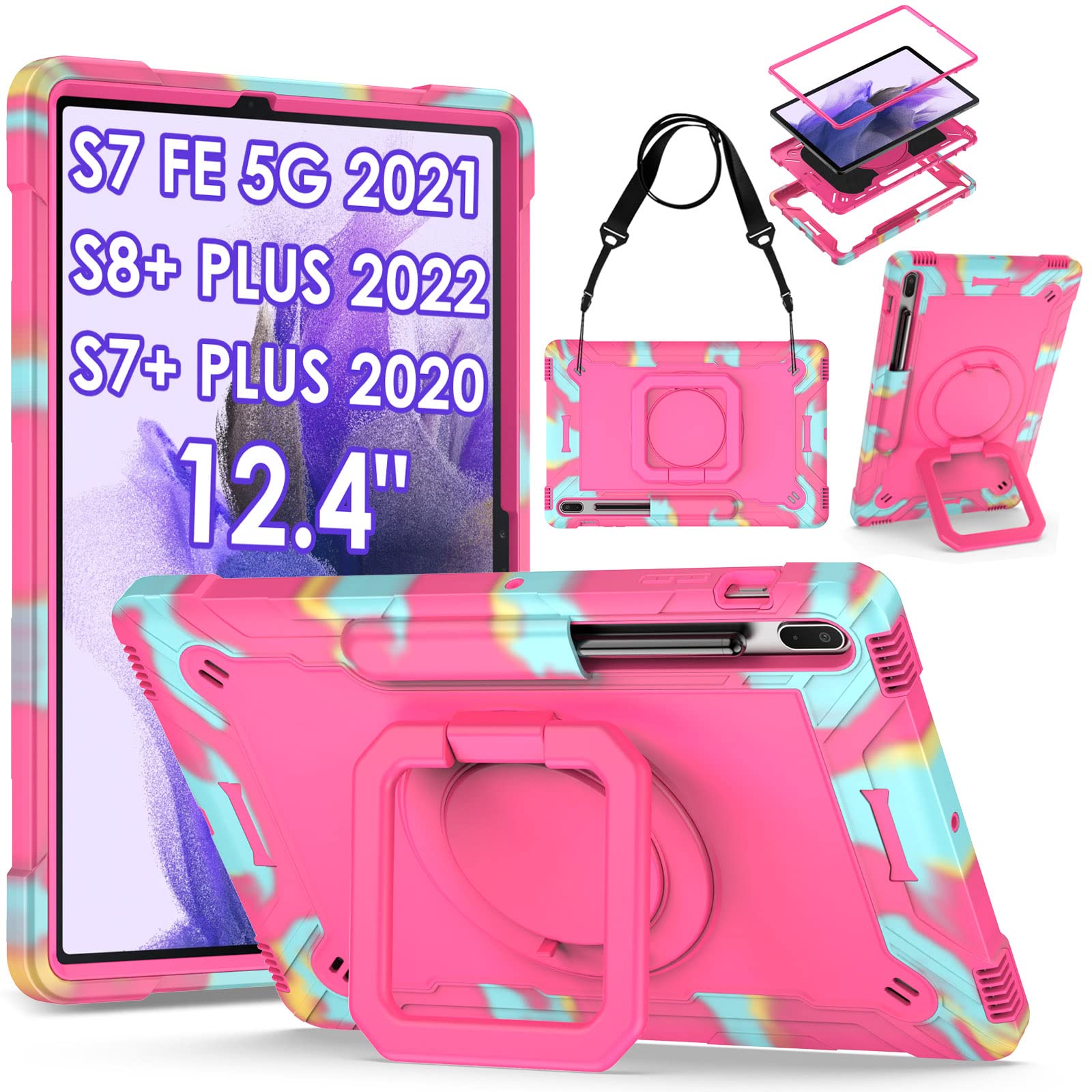 DETUOSI 360 Rotating Hybrid Case for Samsung Galaxy Tab S7 FE 5G/ S8+Plus/ S7+Plus 12.4" with S Pen Holder & Shoulder Strap, 360 Degree Swivel