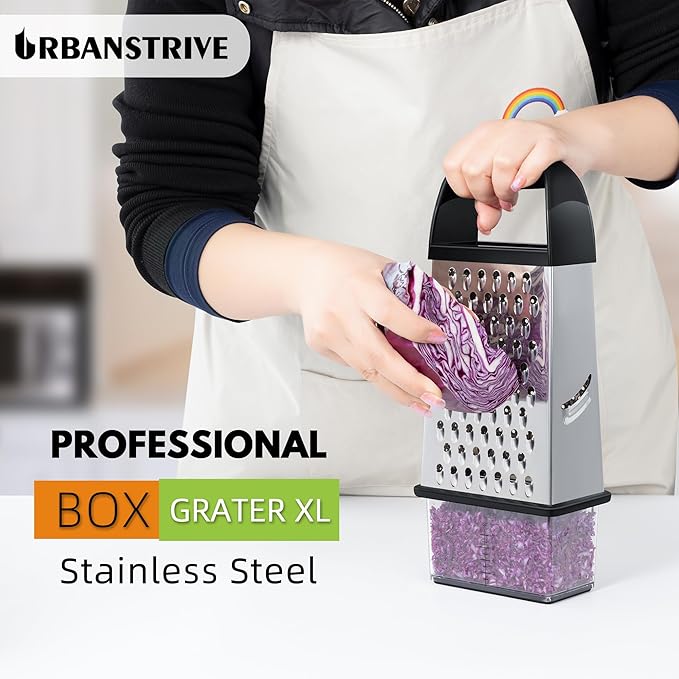 Urbanstrive Cheese Grater With Container, Professional Cheese Grater with Handle, Stainless Steel Graters for Kitchen Handheld, Box Grater with 4 Sides for Vegetables, Ginger, Potatoes (Mint Green)