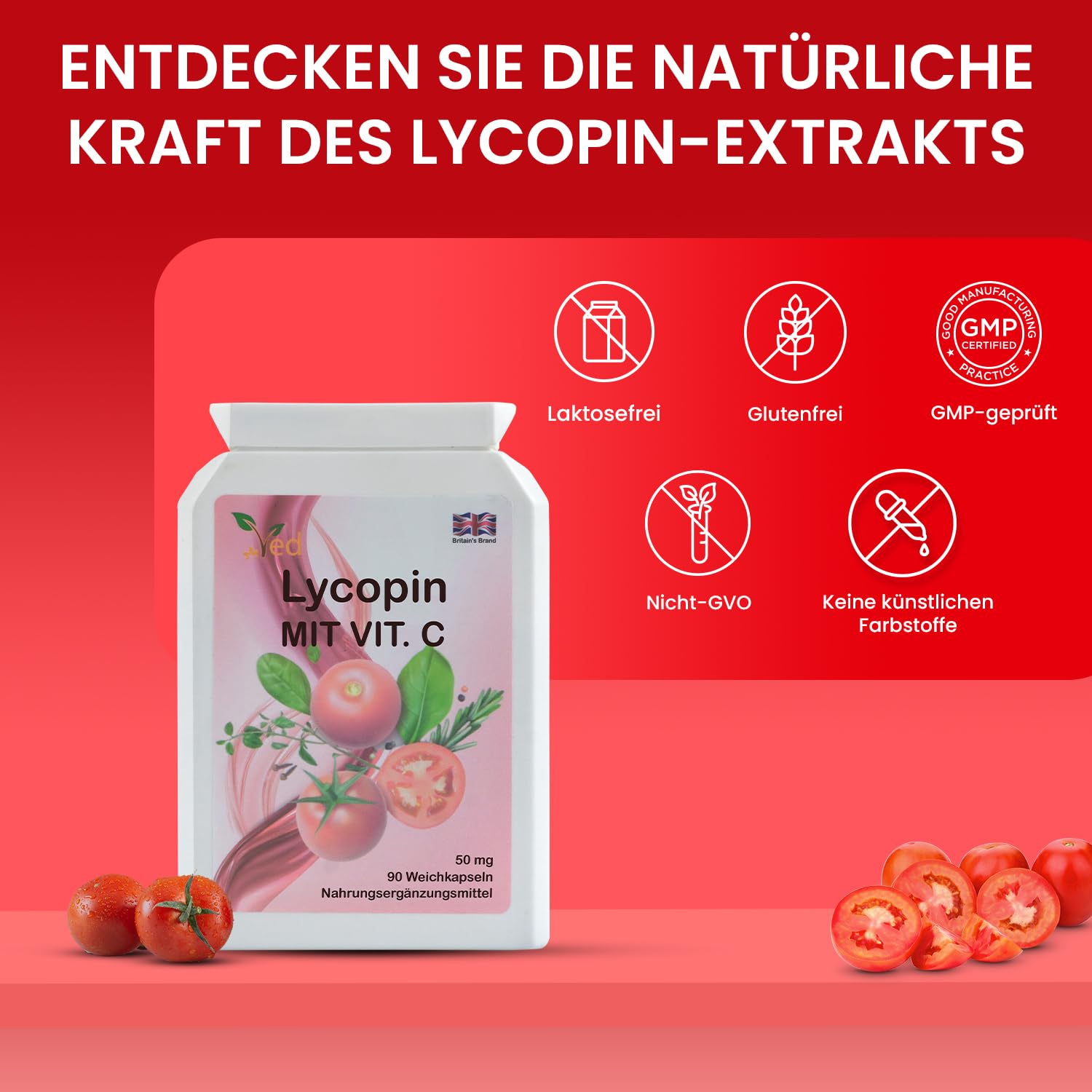 Ved Lycopen-Nahrungsergänzung unterstützt den Energiehaushalt, gentechnikfrei, hoher Lycopen-Gehalt, 50 mg x 90 Softgels, 360-Tage-Vorrat.