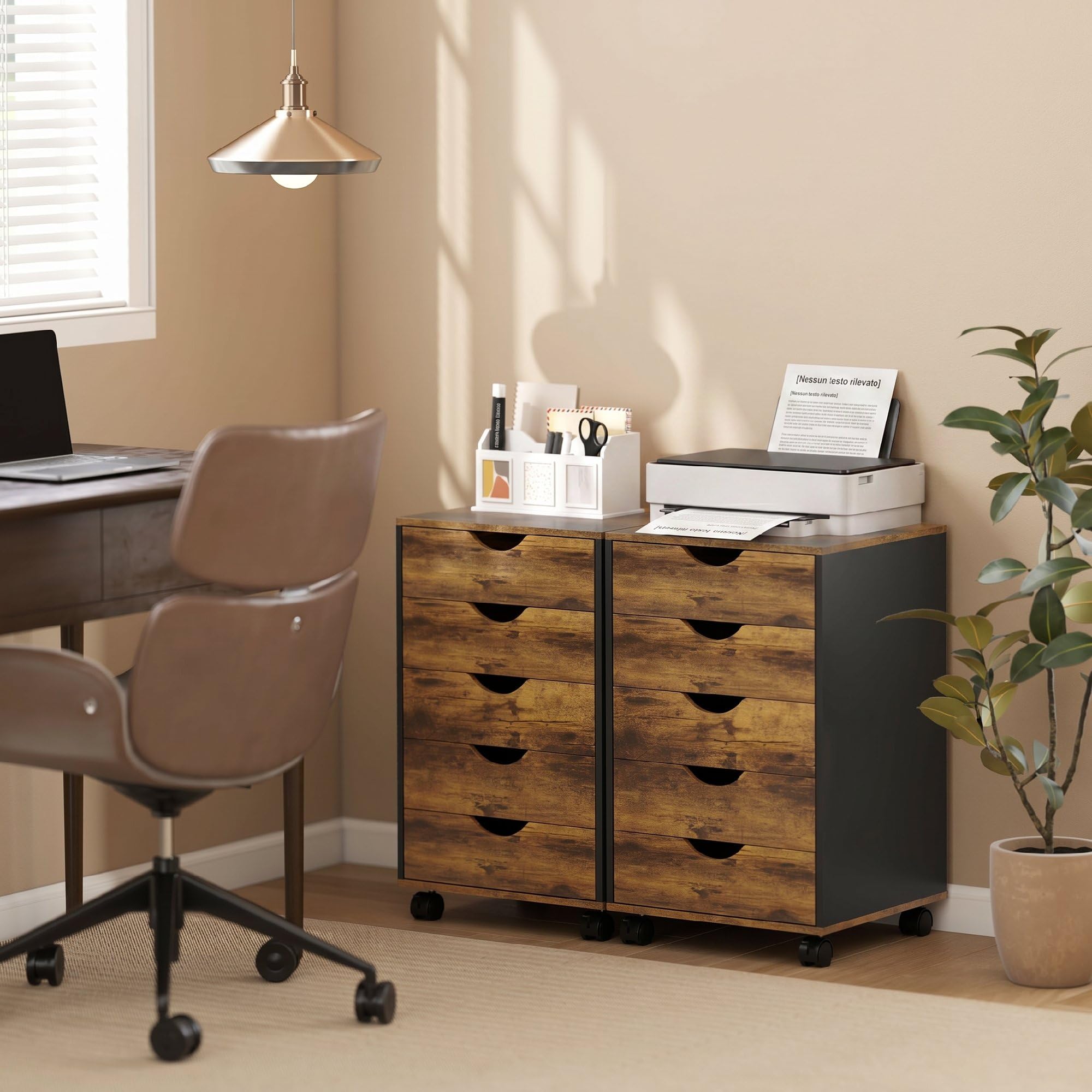HOMCOM Schedario da Ufficio 5 Cassetti Ruote a Freni 40x40x67 cm Marrone | Cassettiera Ufficio per Lettera/Formato A4, Armadietto Verticale per Studio