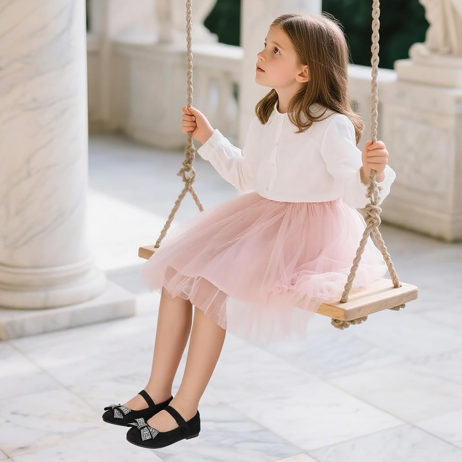 PANDANINJIA Toddler Girls Dress Shoes Mary Jane Little Kids Ballet Flats Rhinestone Bow Wedding Party Shoes - Image 2