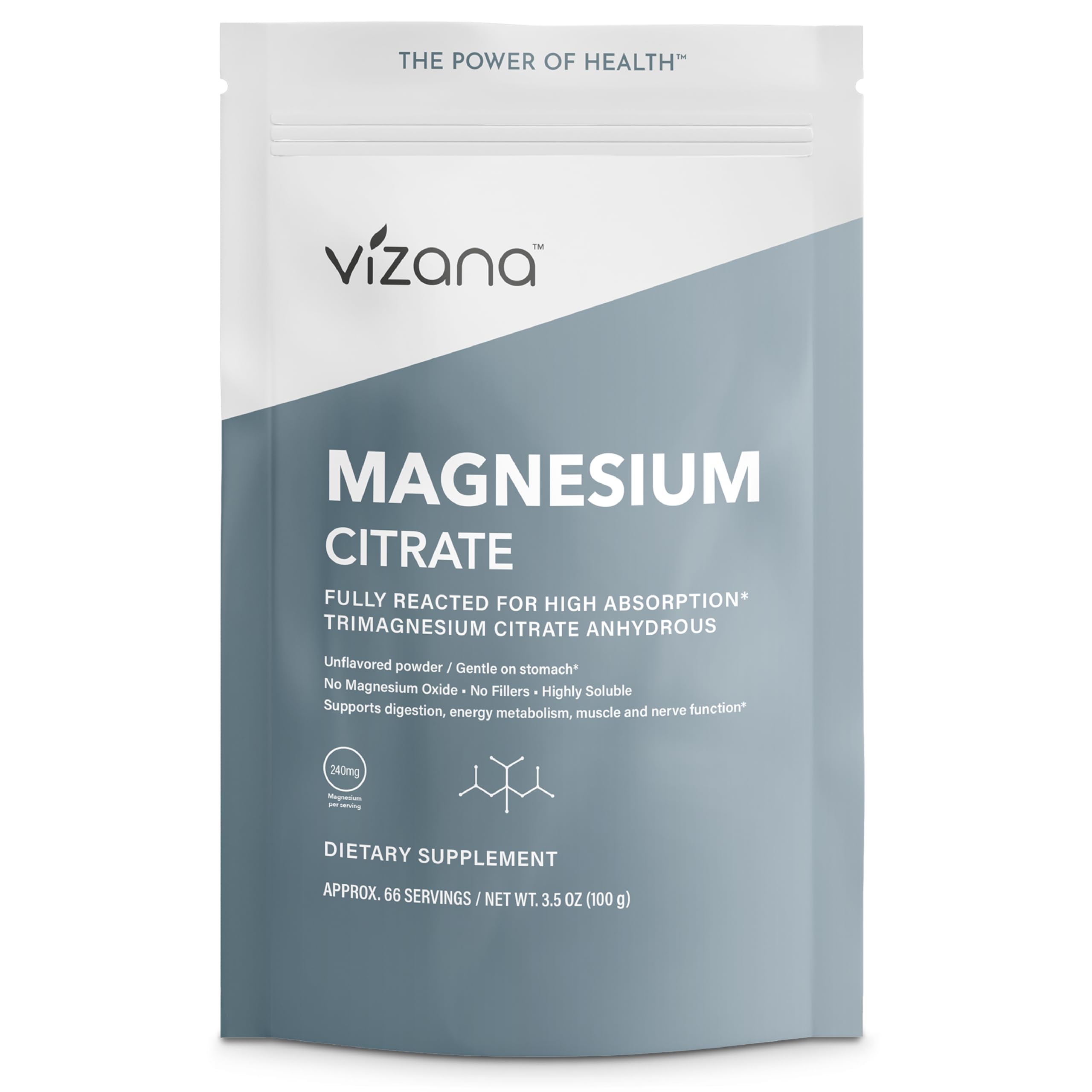 Vizana Nutrition Suplemento de Magnésio Citrato em Pó 240 mg por porção, 66 porções, 99,2 g