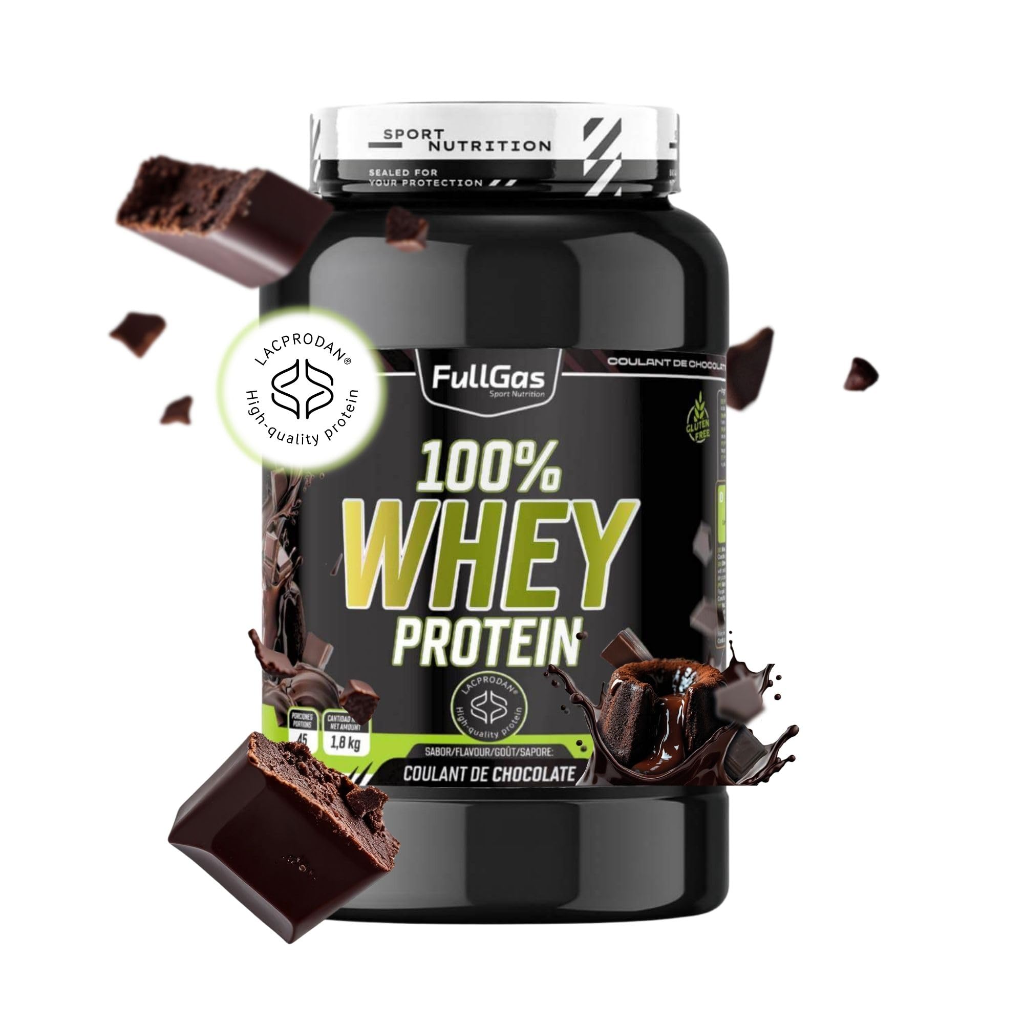 FullGas Concentrado de Proteína de Suero | Sabor Coulant de Chocolate | 1,8kg | 100% Whey Protein Concentrate | Incluye Dosificador | Vegetariano y Sin Gluten
