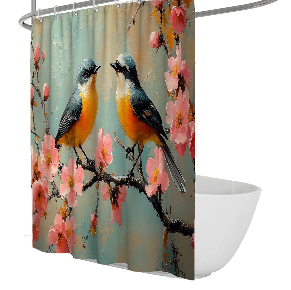 UERWOWELL Chic Boho Shower Curtain for Bathroom Oil Painting Style Floral and Bird Patterns Shower Curtain with Colorful Animal Blossom Branch W200xL200 cm
