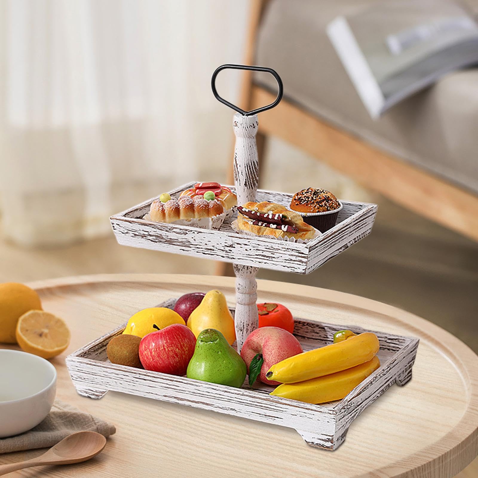 perfk Plateau de Service à Plusieurs Niveaux, Ornements en Bois, Stockage de collations, Assiette de Fruits à Plusieurs Niveaux, présentoir à Desserts pour, Rectangle