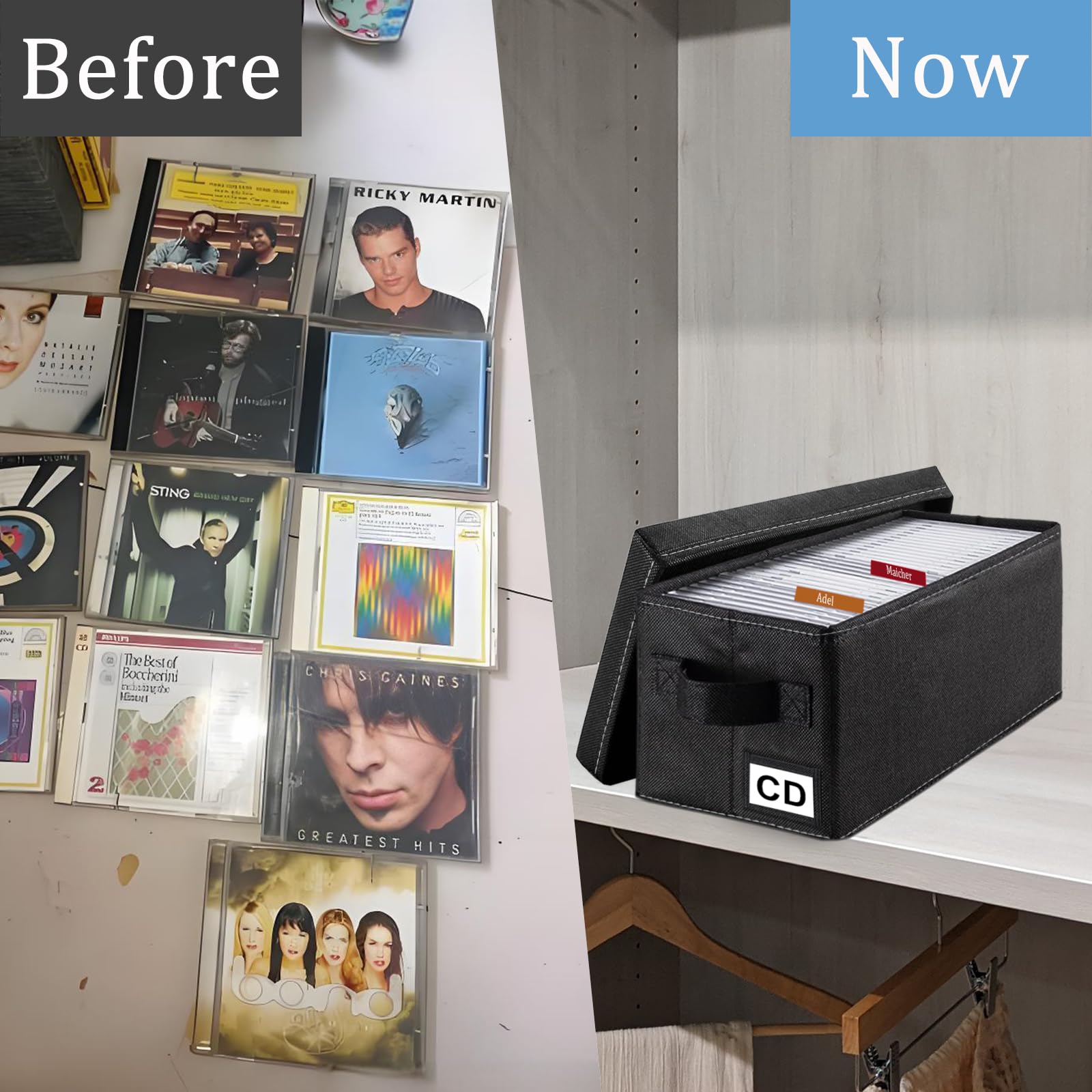 Cajas de almacenamiento de CD, paquete de 4 cajas de almacenamiento de CD, 14.2 x 6.3 x 5.5 pulgadas, capacidad para 34 soportes para CD de escritorio o armario, también puede almacenar