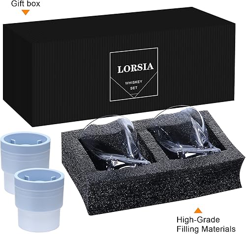 Miniatura 4 de Vasos de whisky Rocks, juego de 4 (2 vasos de cristal de bourbon, 2 moldes redondos de bolas de hielo grandes) en caja de regalo, vasos antiguos de