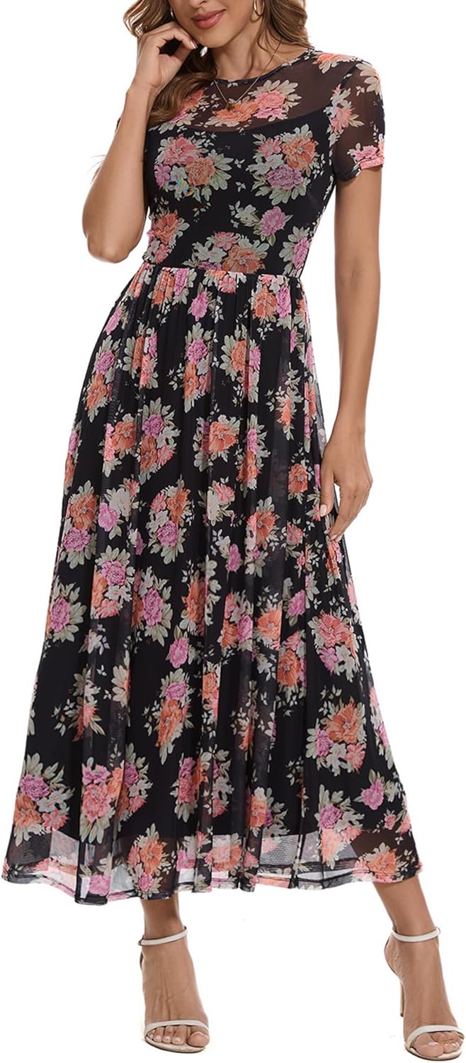 Summer Floral Mesh Maxi Dresses for Women 2025 Sexy Crew Neck Flowy Swing Long Work Cocktail Dress for Wedding Guest - Image 4