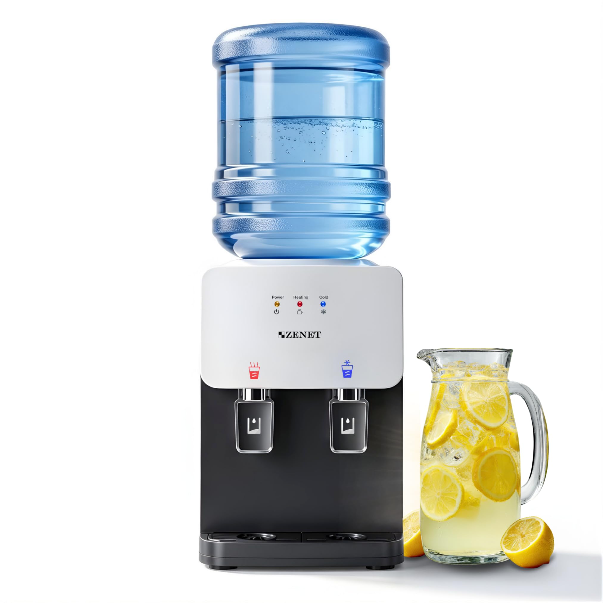 ZENET Wasserspender, Elektrischer Heiß- & Kaltwasserspender (Schwarz/Weiß) | Wasserkühler für Zuhause, Küchen und Büro, Klein Tisch-Wasserautomat mit Kühlung, Ohne Wasseranschluss, 19-20L Gallonen