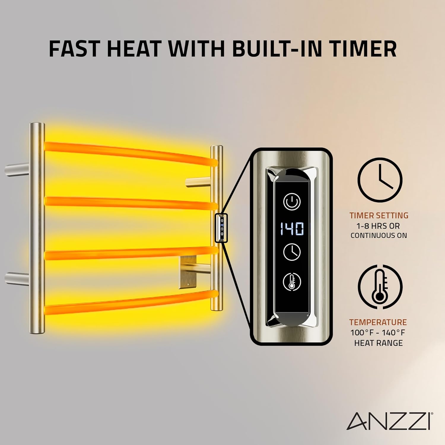 ANZZI Glow 4-Bar Wall Mounted Towel Warmer in Brushed Nickel, Energy Efficient 40W Electric Plug in Heated Towel Rack, Stainless Steel Towel Heater Rail Quick Towel Dryer, TW-AZ018BN