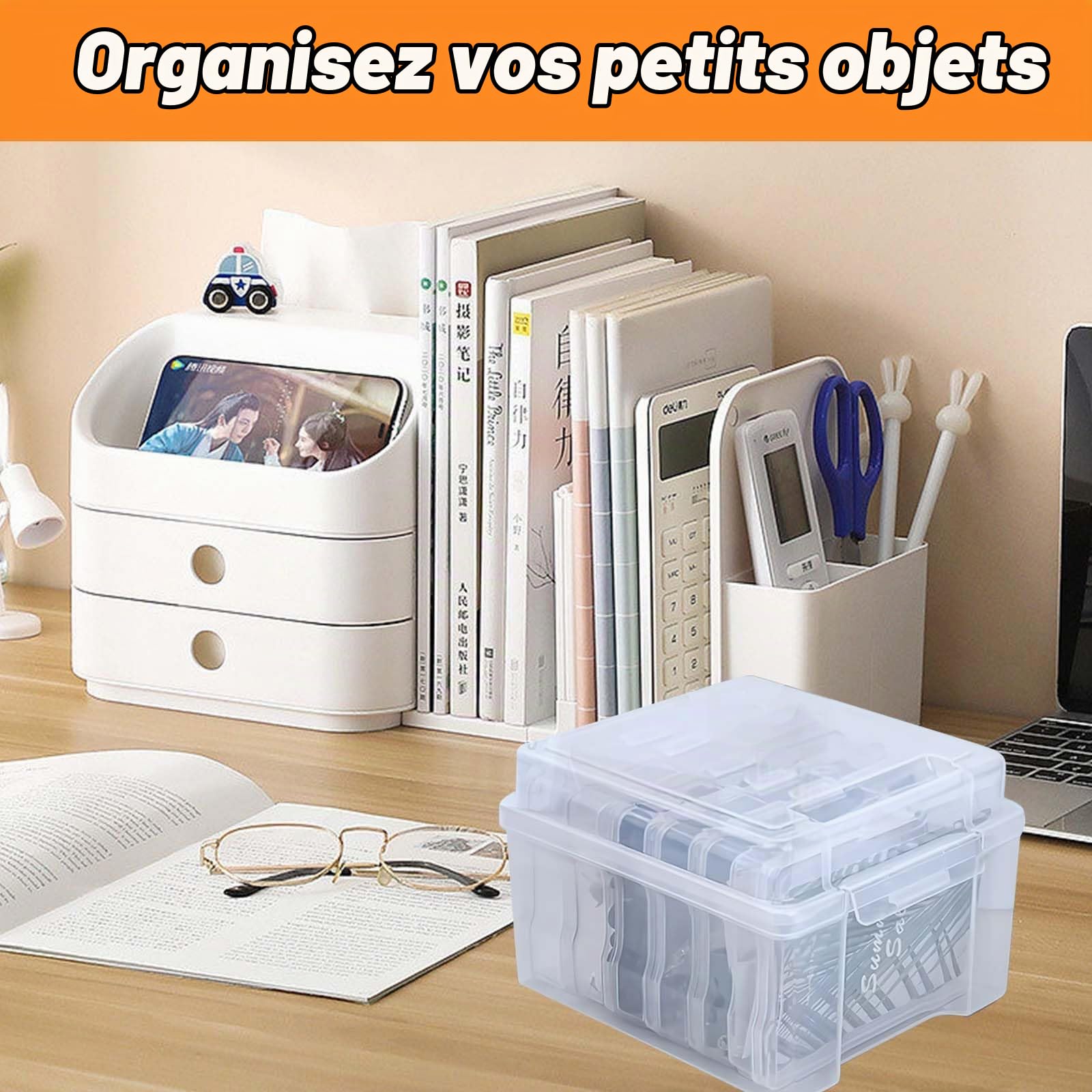 Boîte de Rangement Photo Organisateur de Photos en Plastique avec 6 Boîtes Intérieures et 40 Étiquettes Autocollantes pour Cartes, Photos, Tampons, Fournitures de Bureau, Graines